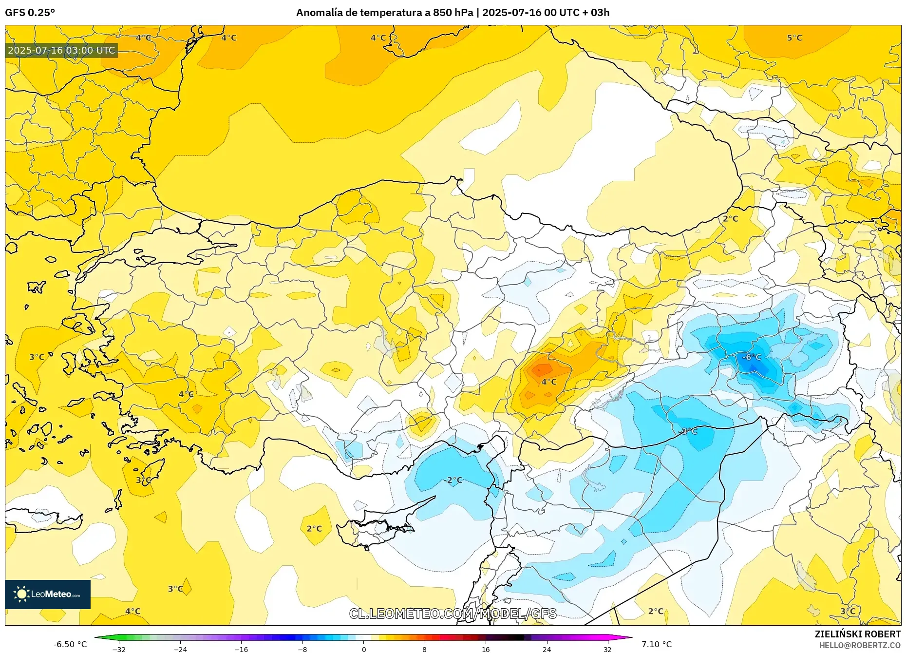 GFS model - Turquía, Anomalía de temperatura a 850 hPa GFS model - Turquía, Anomalía de temperatura a 850 hPa
