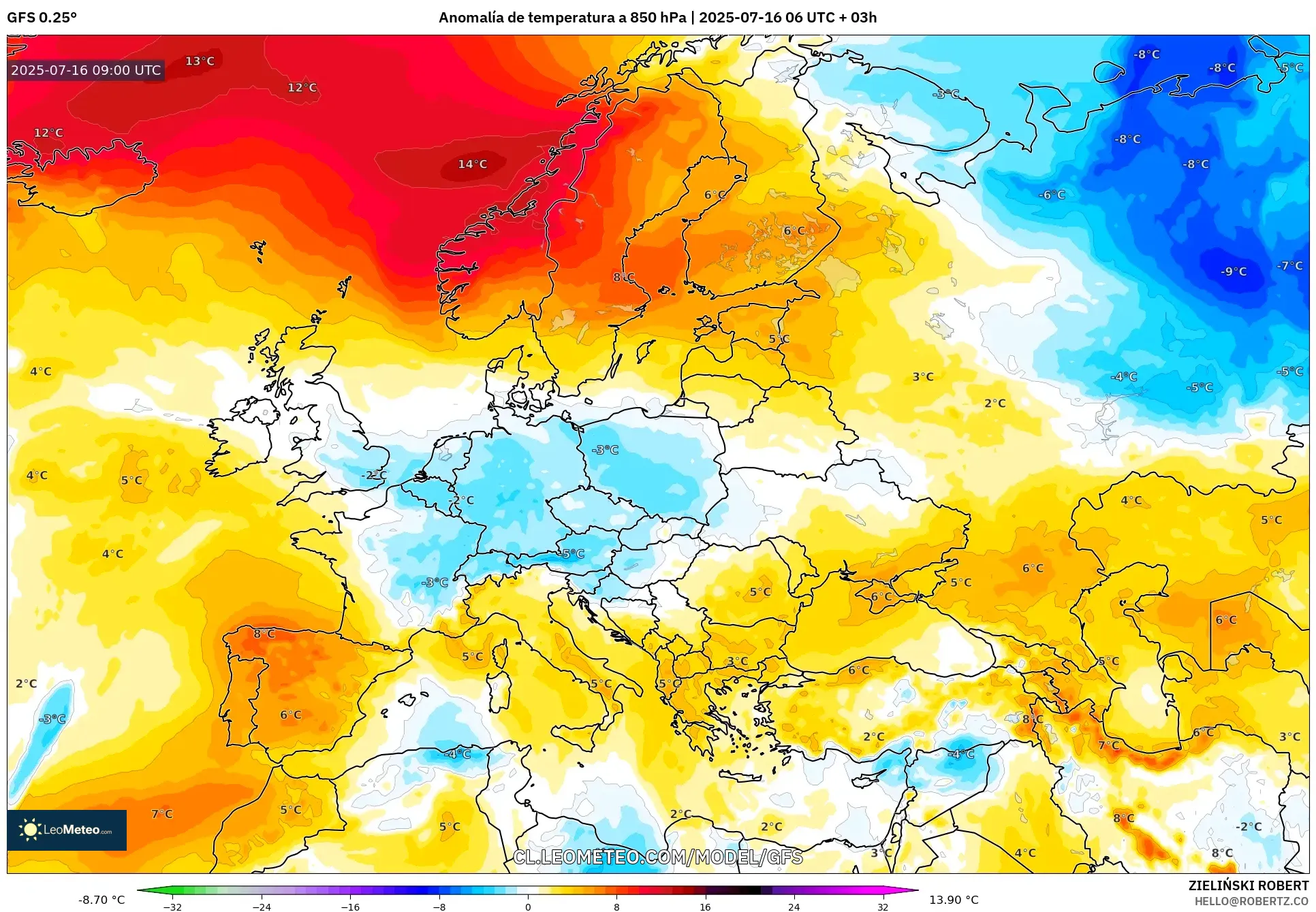 GFS model - Europa, Anomalía de temperatura a 850 hPa