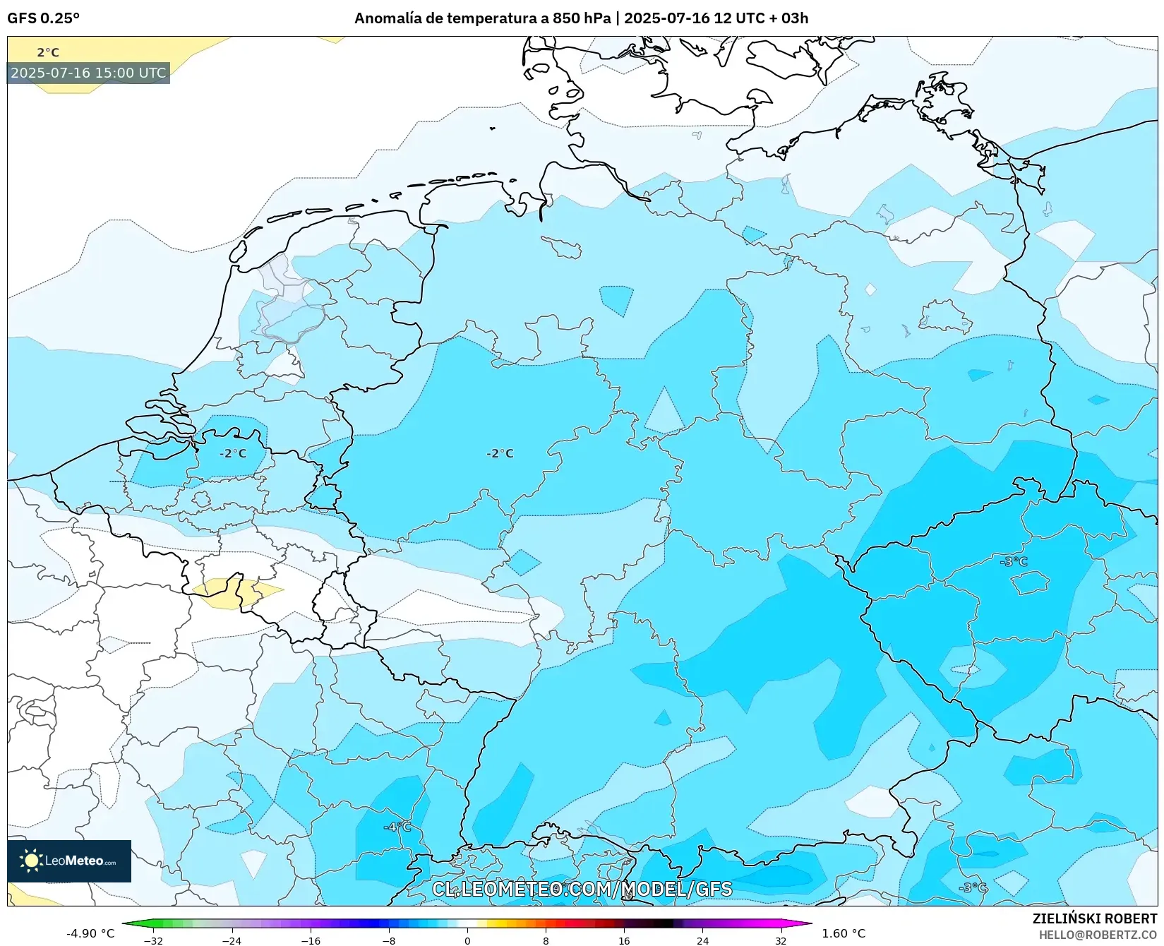 GFS model - Alemania, Anomalía de temperatura a 850 hPa GFS model - Alemania, Anomalía de temperatura a 850 hPa
