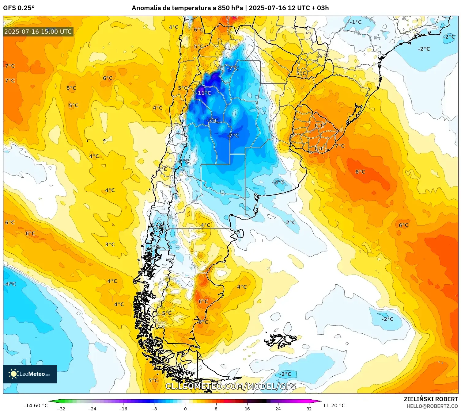 GFS model - Argentina, Anomalía de temperatura a 850 hPa