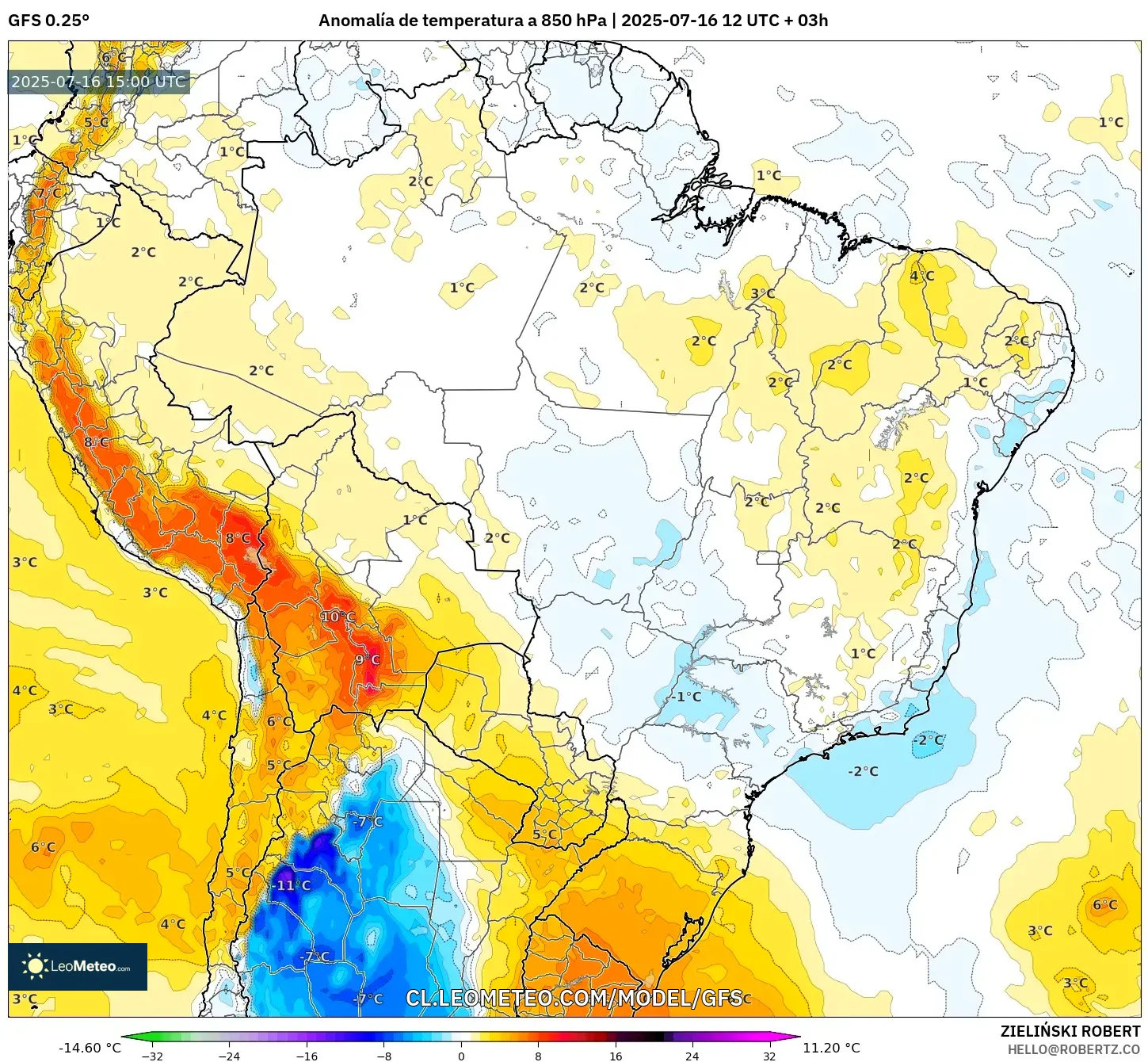 GFS model - Brasil, Anomalía de temperatura a 850 hPa GFS model - Brasil, Anomalía de temperatura a 850 hPa