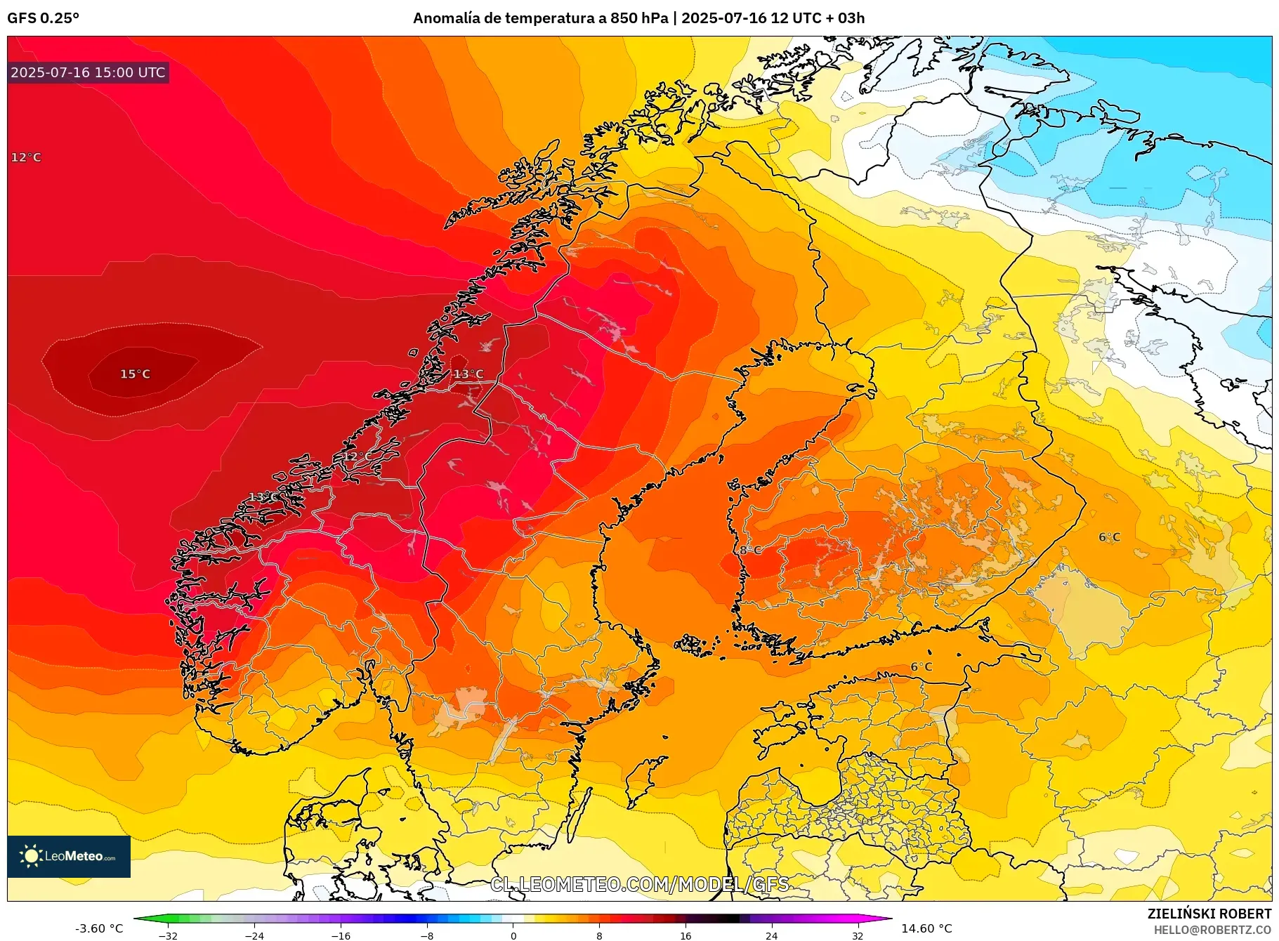 GFS model - Escandinavia, Anomalía de temperatura a 850 hPa GFS model - Escandinavia, Anomalía de temperatura a 850 hPa