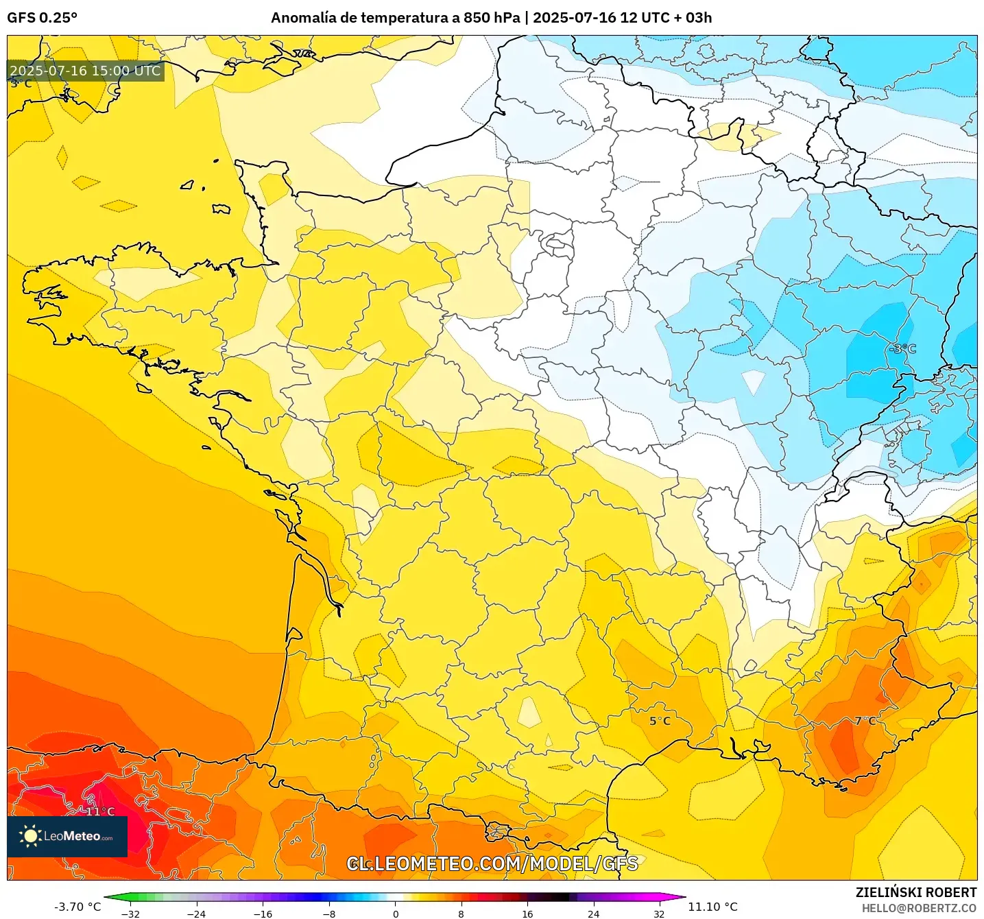 GFS model - Francia, Anomalía de temperatura a 850 hPa GFS model - Francia, Anomalía de temperatura a 850 hPa