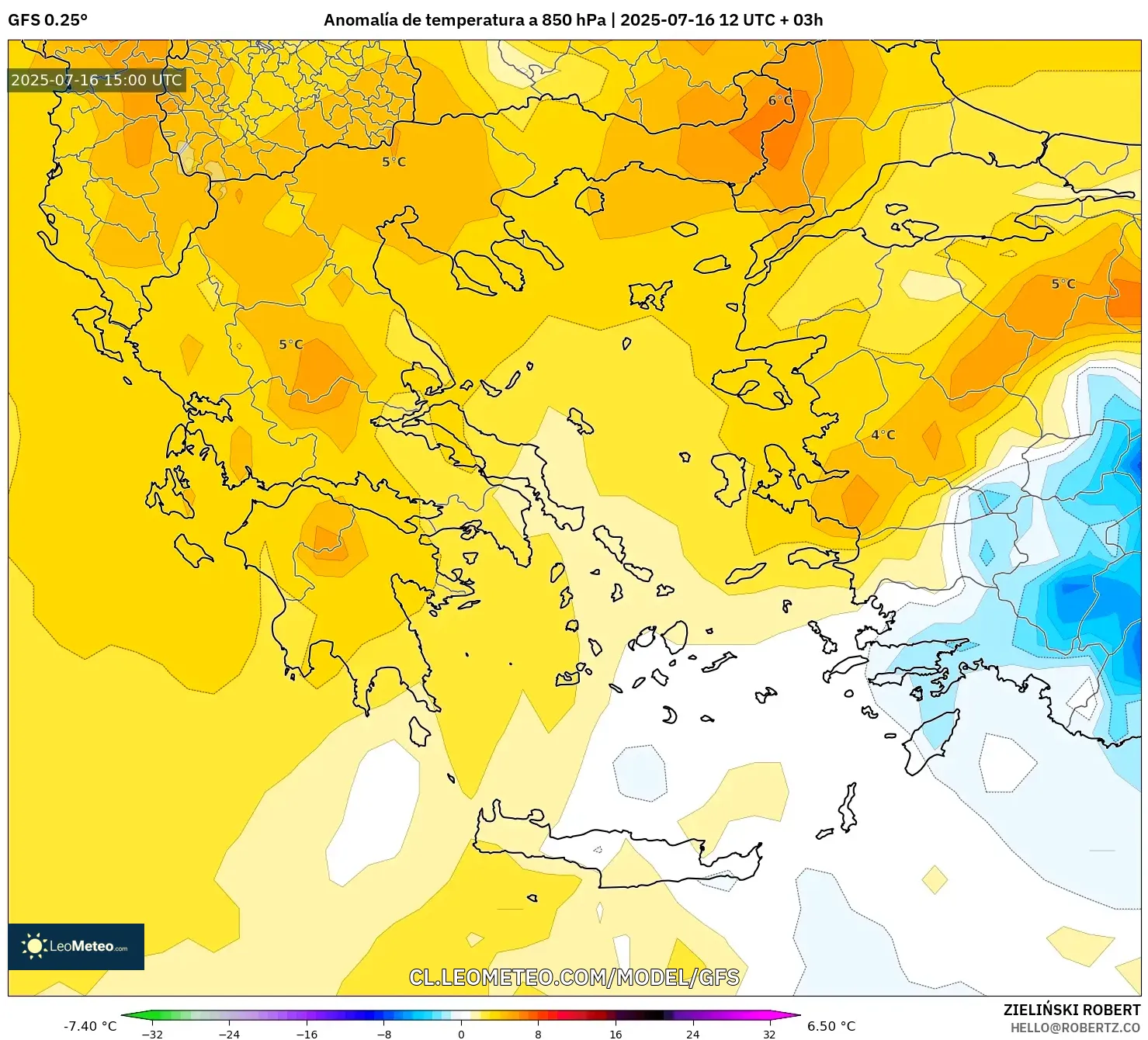 GFS model - Grecia, Anomalía de temperatura a 850 hPa GFS model - Grecia, Anomalía de temperatura a 850 hPa