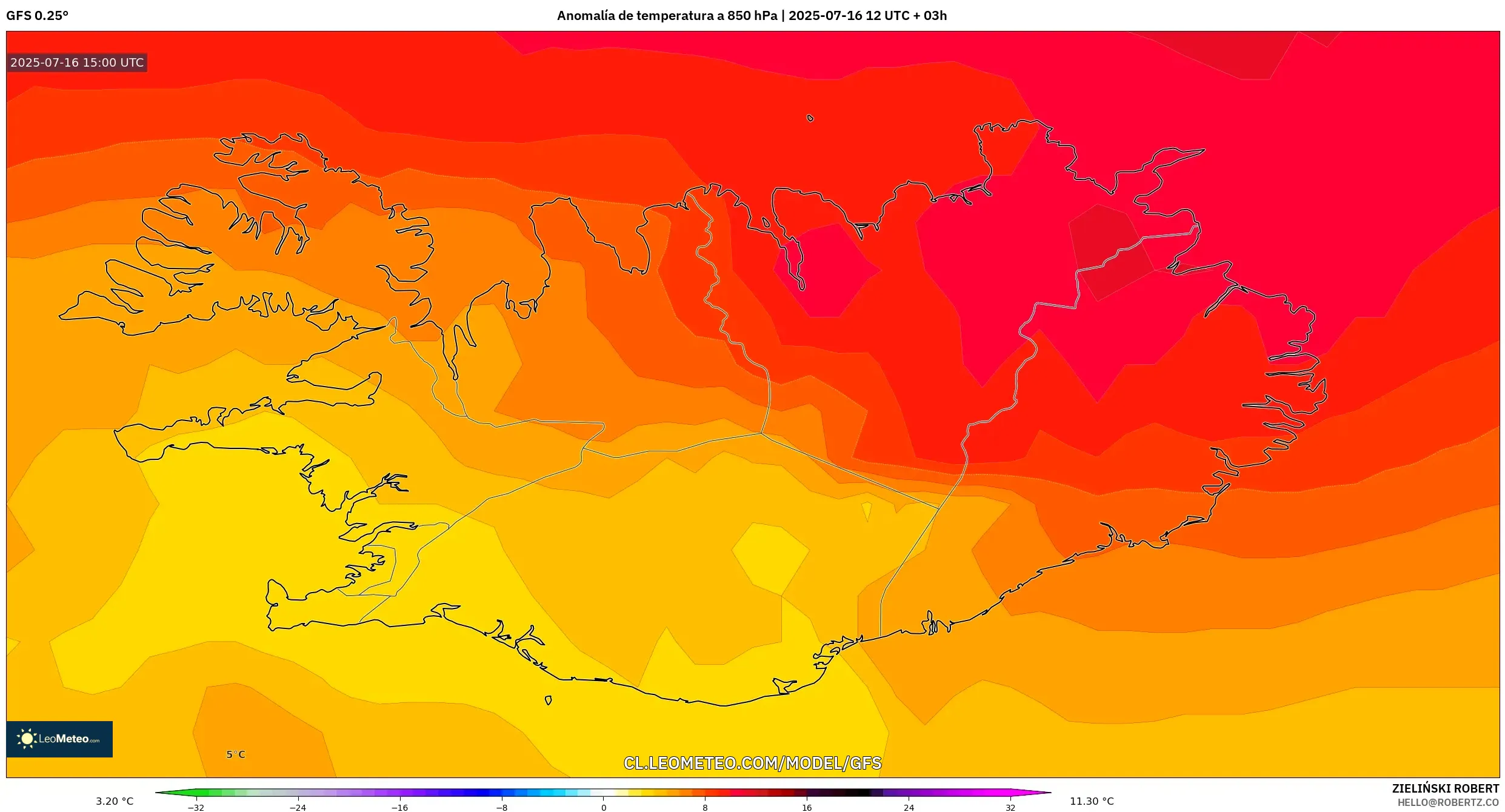 GFS model - Islandia, Anomalía de temperatura a 850 hPa GFS model - Islandia, Anomalía de temperatura a 850 hPa
