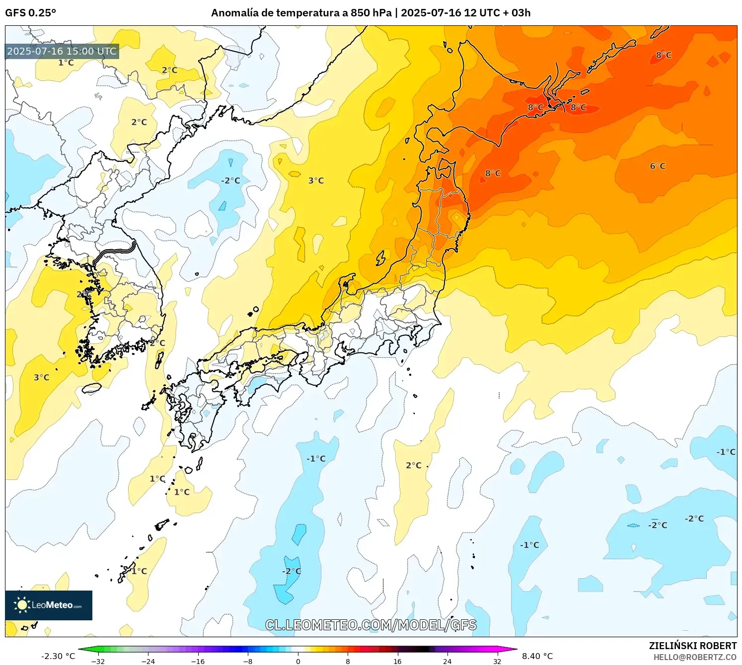 GFS model - Japón, Anomalía de temperatura a 850 hPa GFS model - Japón, Anomalía de temperatura a 850 hPa
