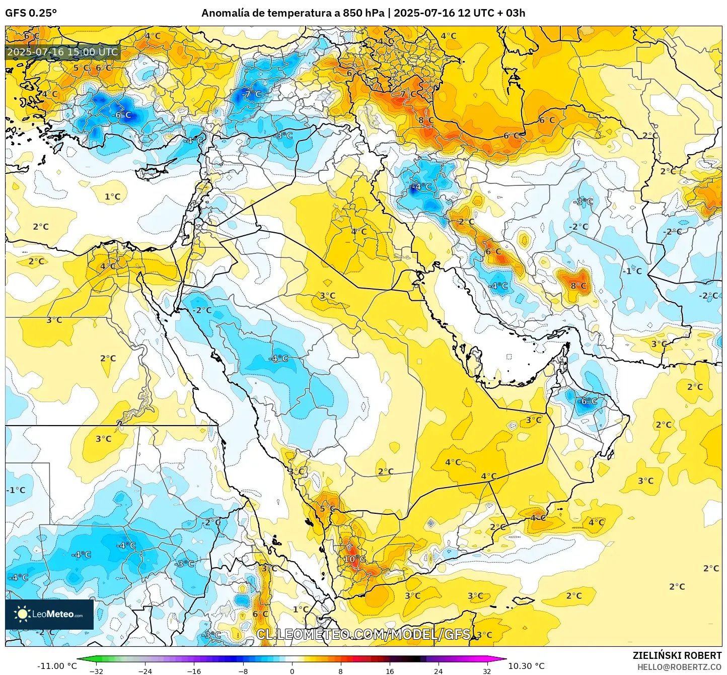 GFS model - Oriente Medio, Anomalía de temperatura a 850 hPa GFS model - Oriente Medio, Anomalía de temperatura a 850 hPa