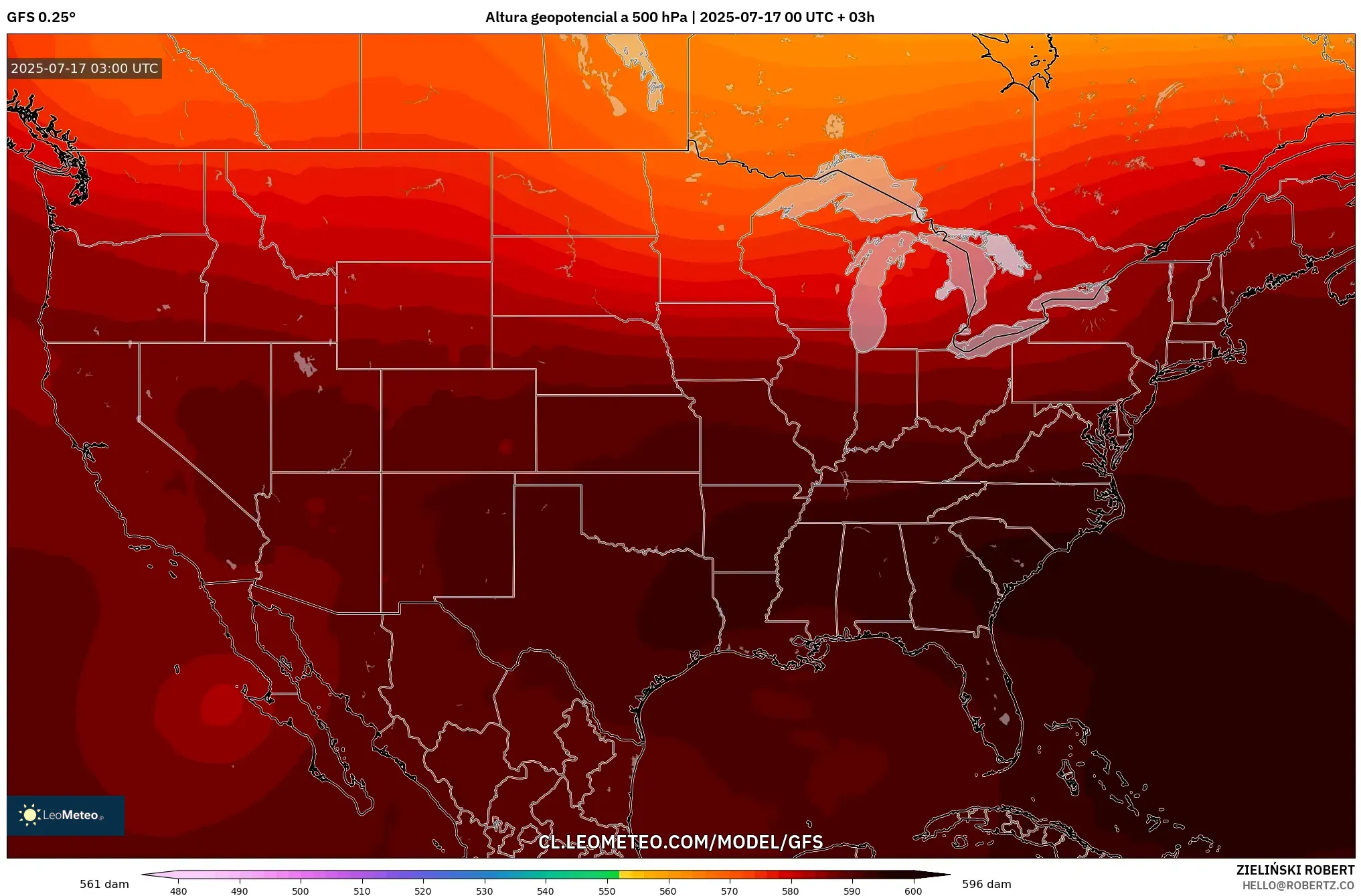 GFS model - Estados Unidos, Altura geopotencial a 500 hPa GFS model - Estados Unidos, Altura geopotencial a 500 hPa