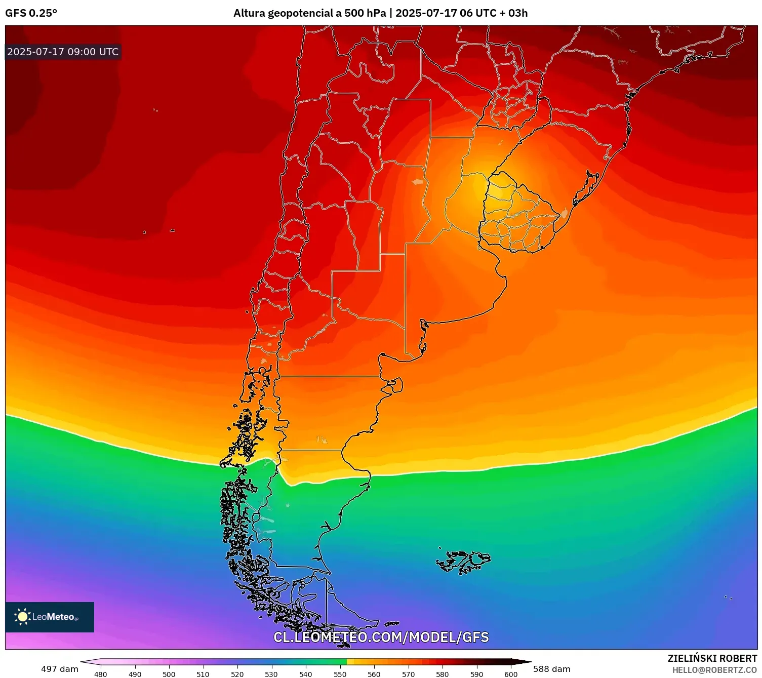 GFS model - Argentina, Altura geopotencial a 500 hPa
