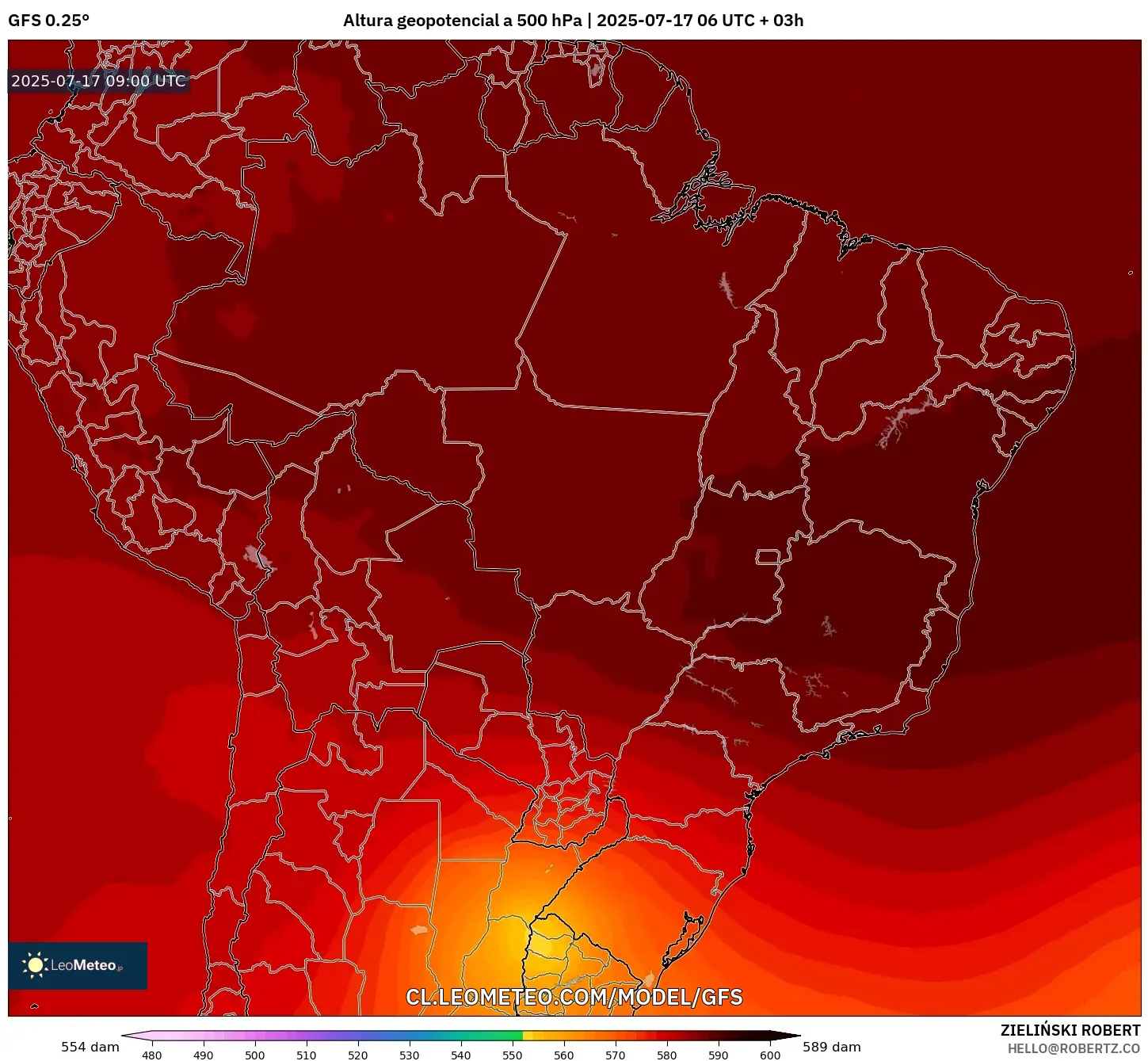 GFS model - Brasil, Altura geopotencial a 500 hPa GFS model - Brasil, Altura geopotencial a 500 hPa