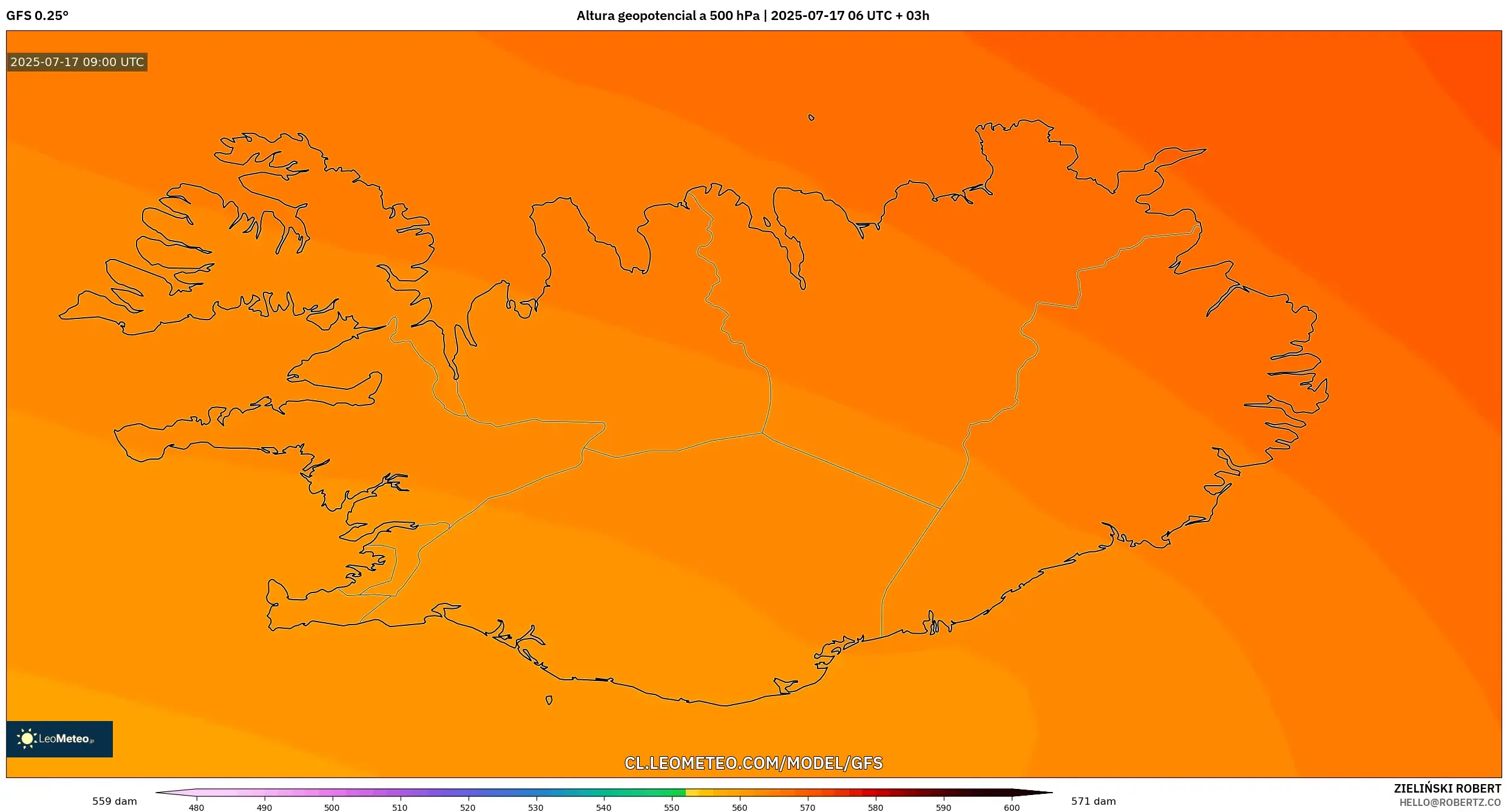 GFS model - Islandia, Altura geopotencial a 500 hPa GFS model - Islandia, Altura geopotencial a 500 hPa