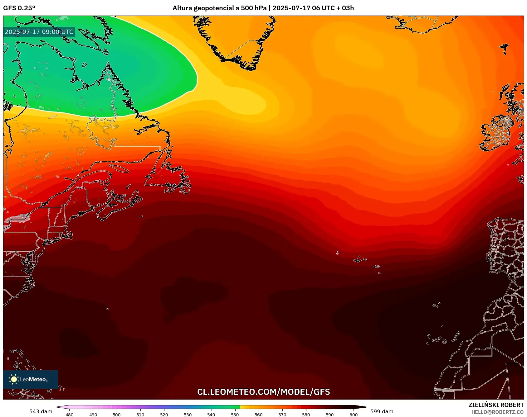 GFS model - Norte Atlántico, Altura geopotencial a 500 hPa
