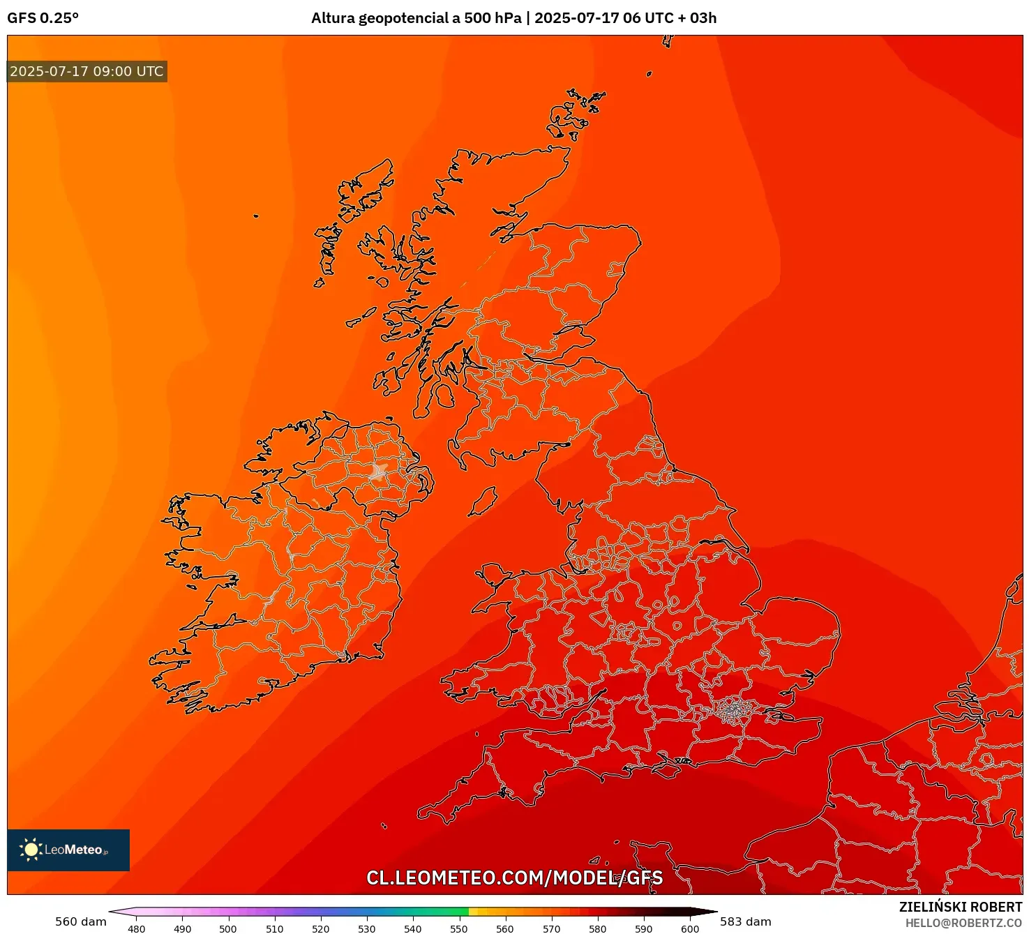 GFS model - Reino Unido, Altura geopotencial a 500 hPa GFS model - Reino Unido, Altura geopotencial a 500 hPa
