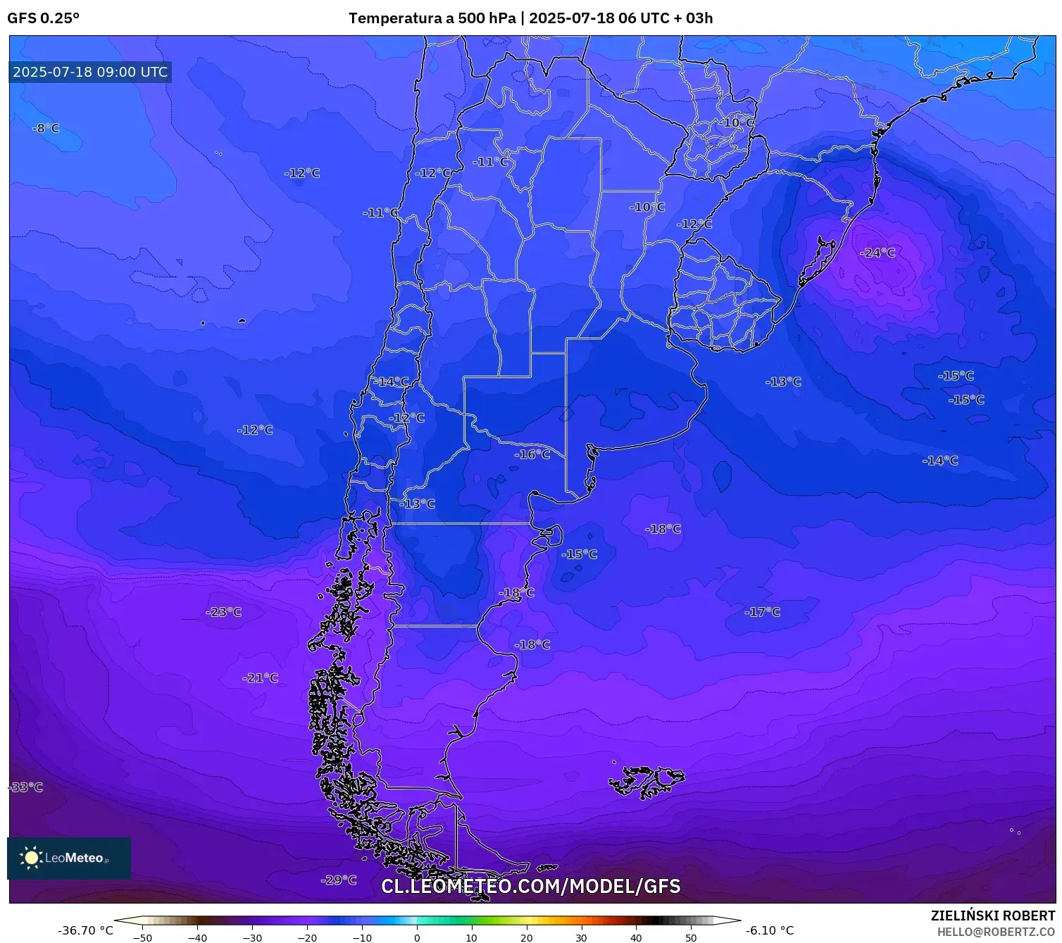GFS model - Argentina, Temperatura a 500 hPa