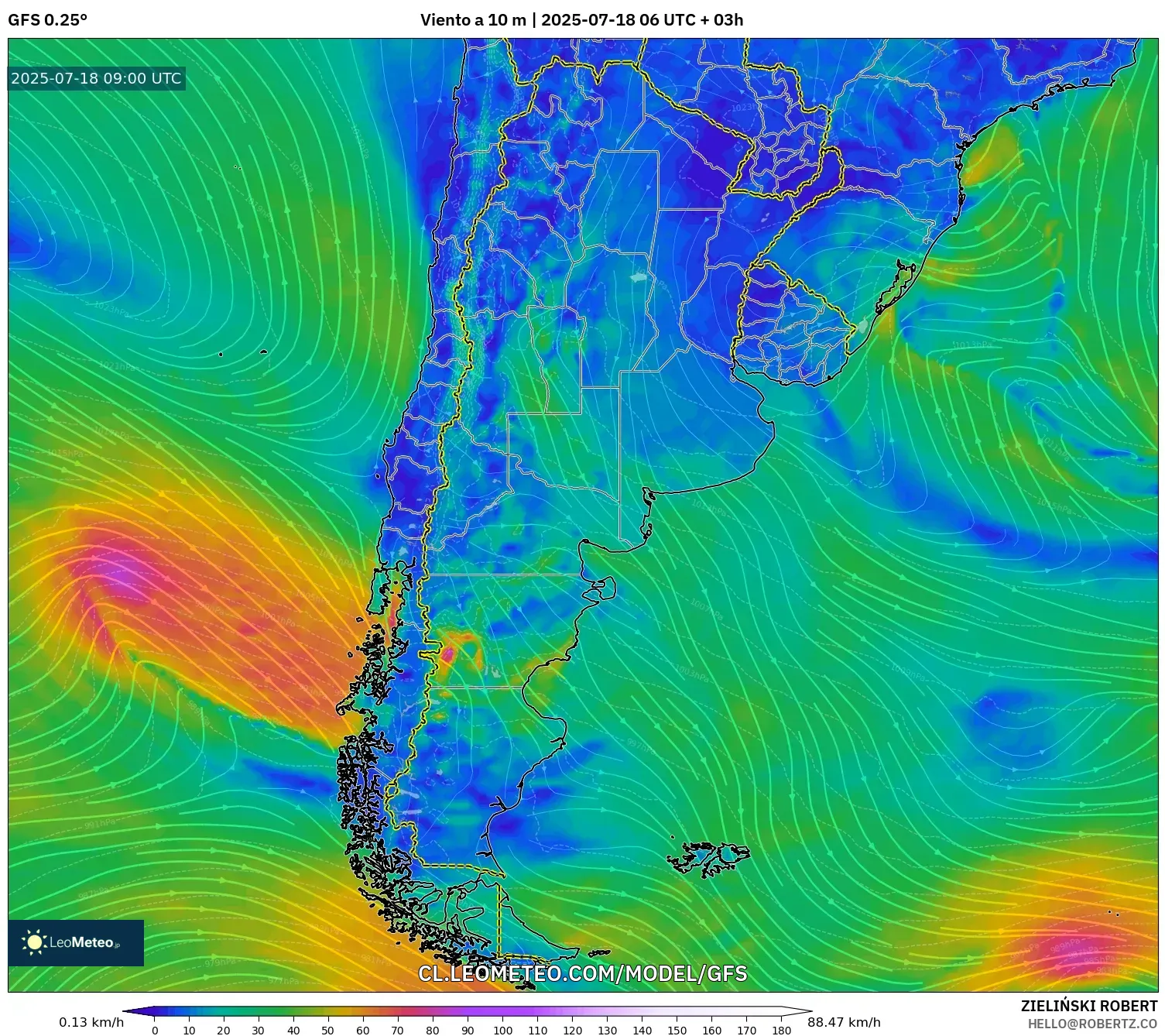 GFS model - Argentina, Viento a 10 m GFS model - Argentina, Viento a 10 m