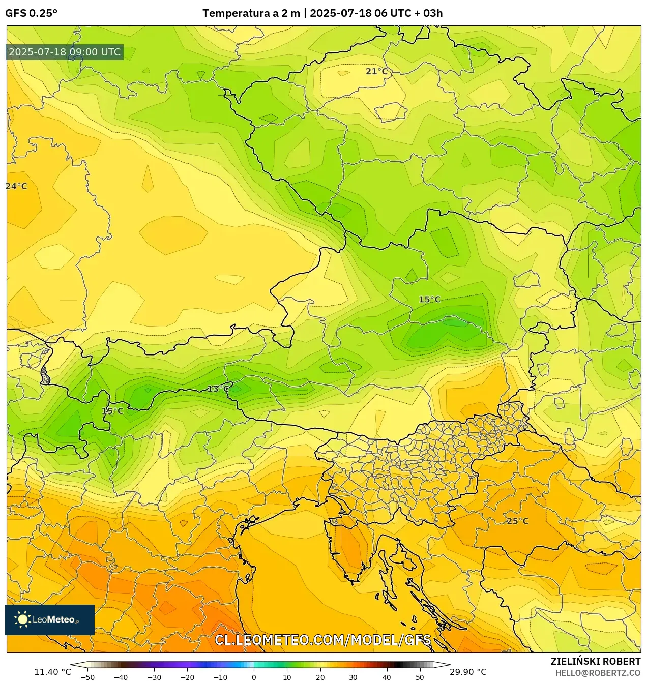 GFS model - Austria, Temperatura a 2 m GFS model - Austria, Temperatura a 2 m