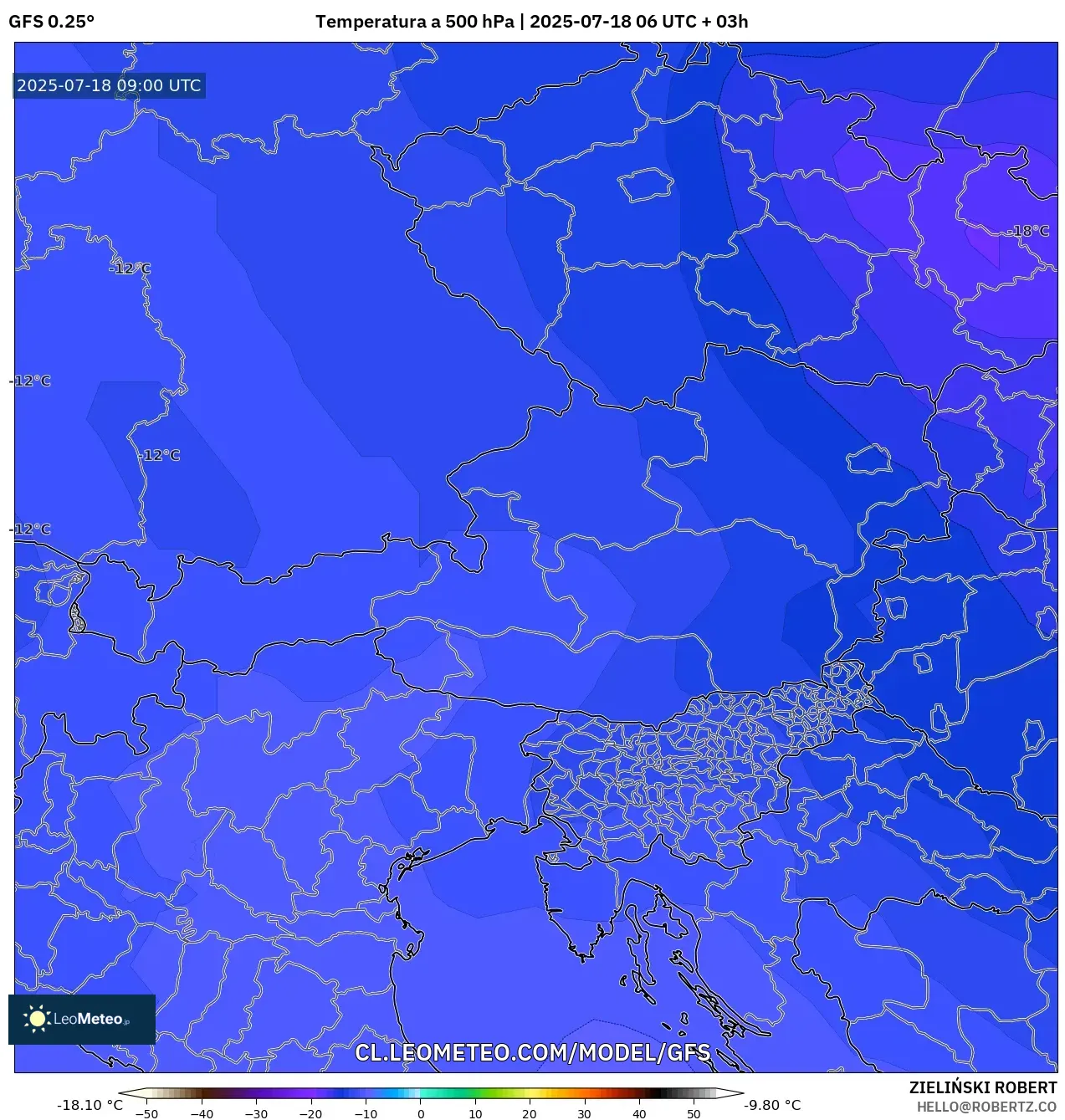 GFS model - Austria, Temperatura a 500 hPa