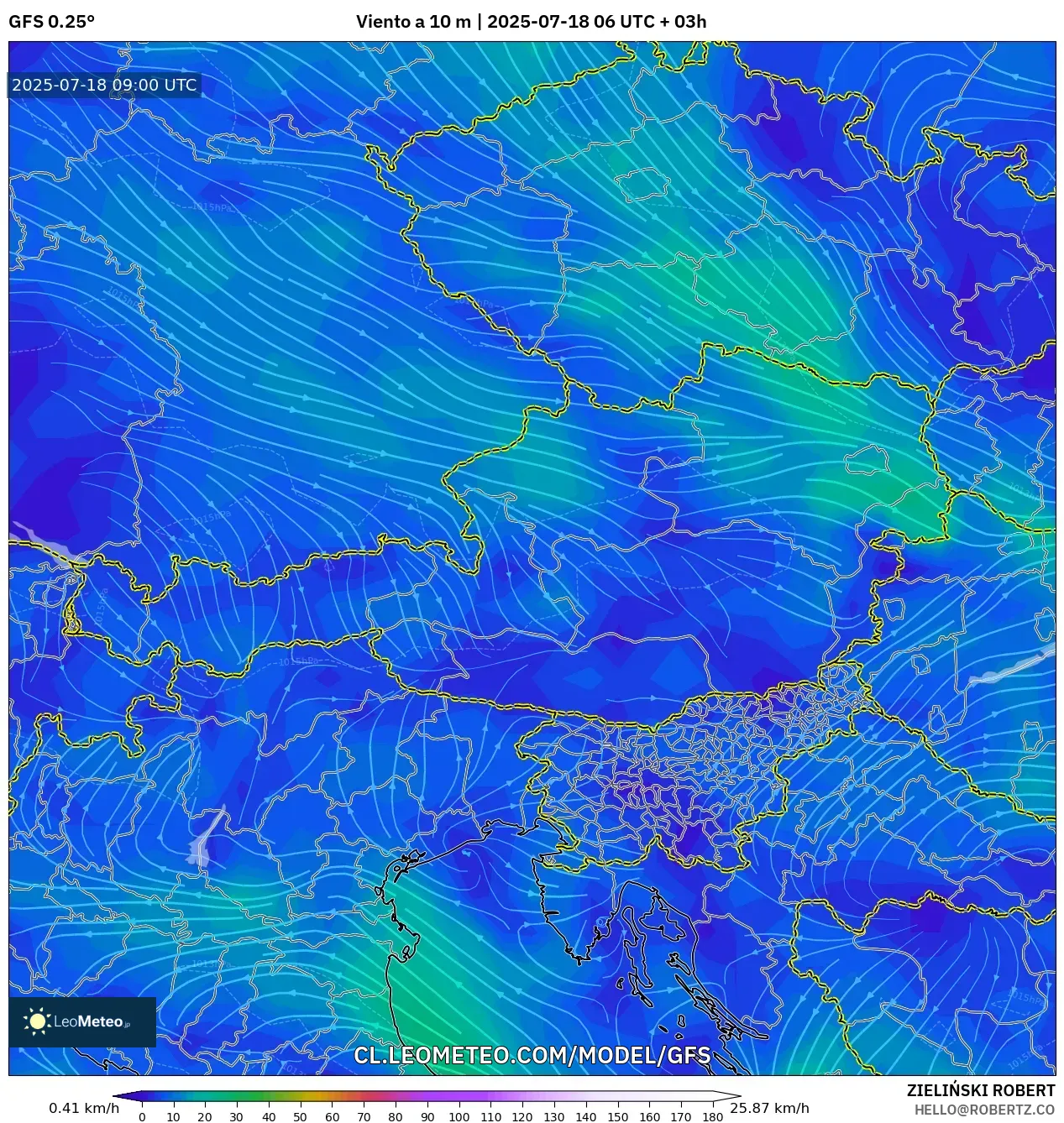 GFS model - Austria, Viento a 10 m GFS model - Austria, Viento a 10 m
