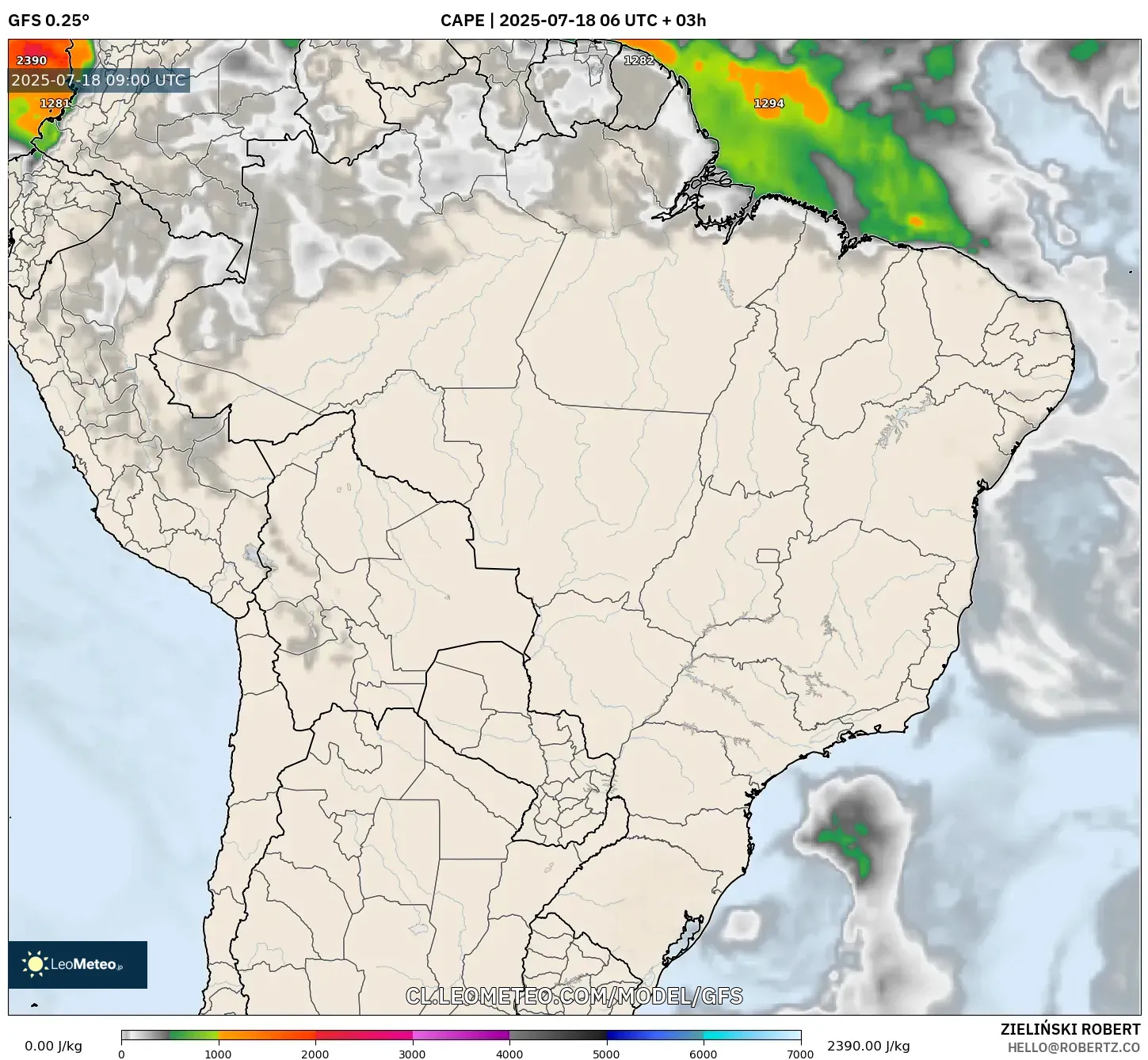 GFS model - Brasil, CAPE GFS model - Brasil, CAPE