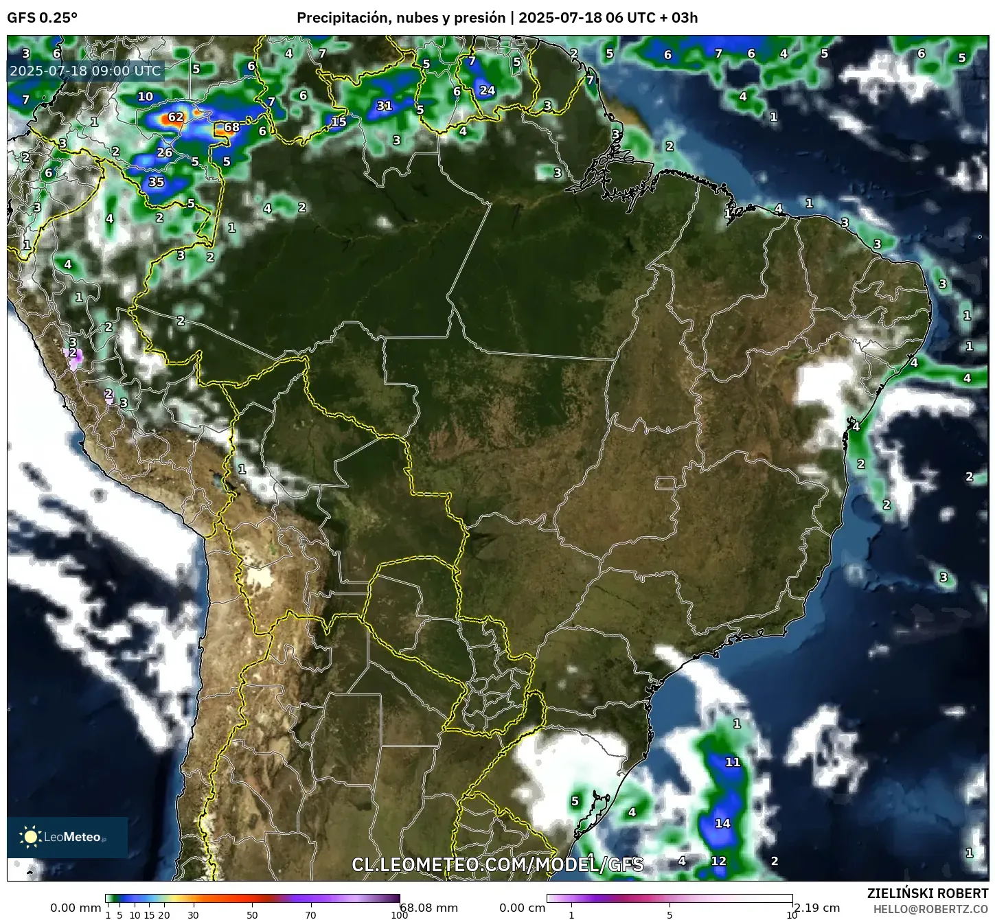 GFS model - Brasil, Precipitación, nubes y presión GFS model - Brasil, Precipitación, nubes y presión