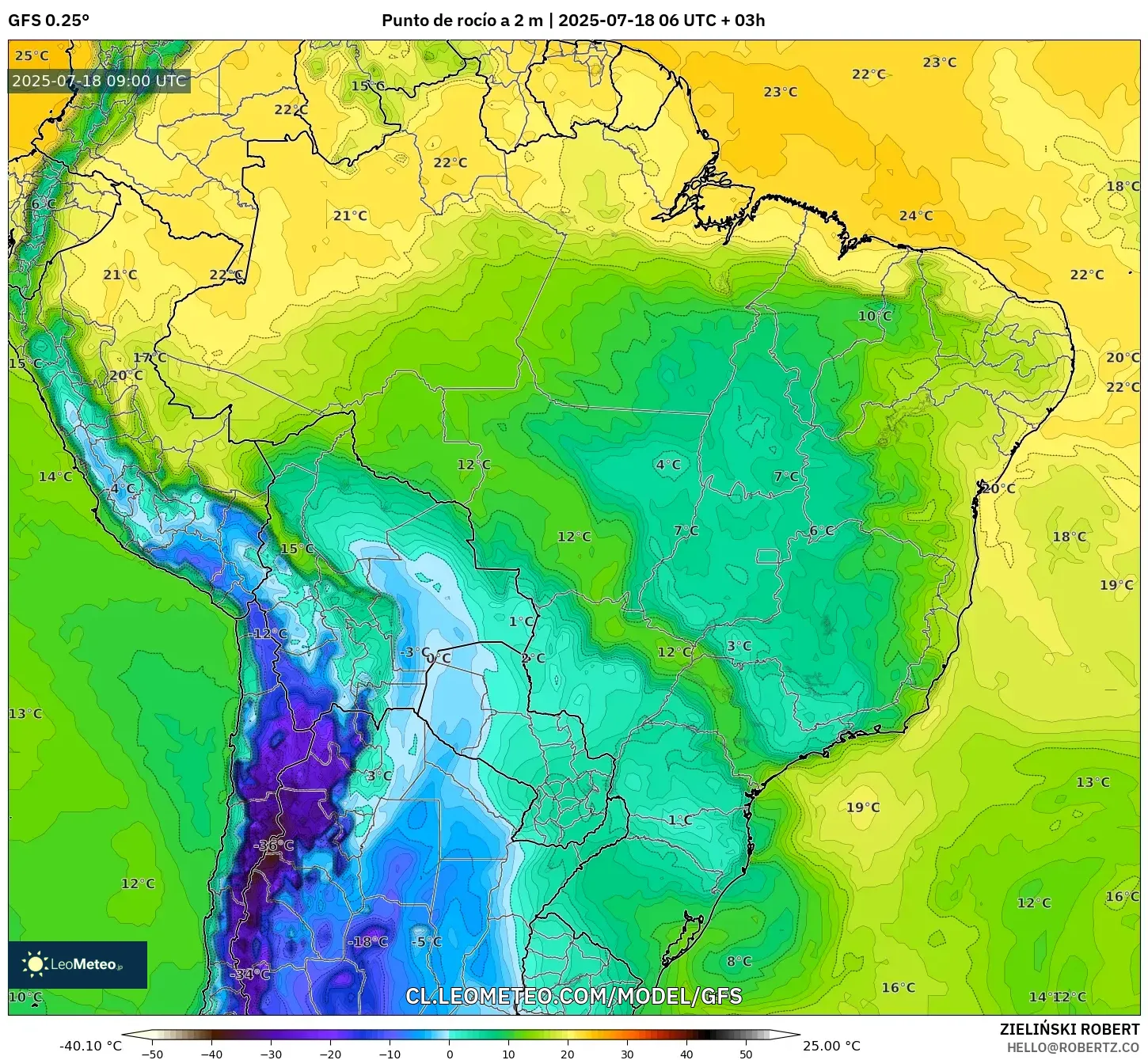 GFS model - Brasil, Punto de rocío a 2 m