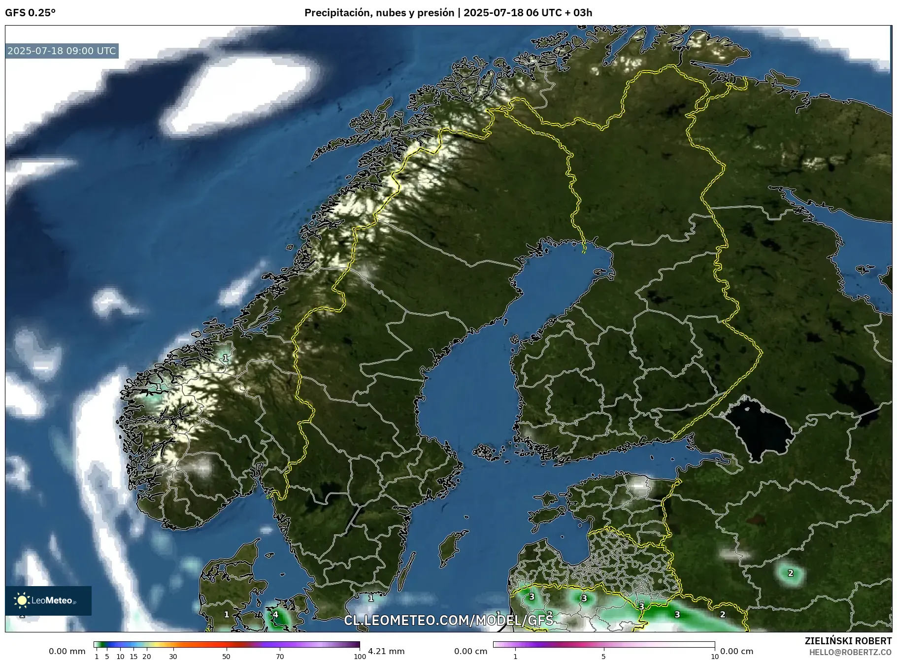 GFS model - Escandinavia, Precipitación, nubes y presión