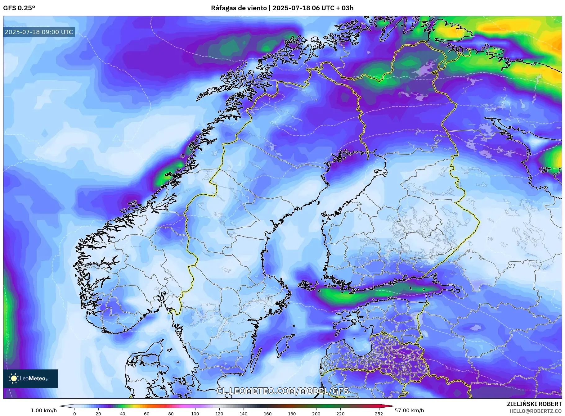 GFS model - Escandinavia, Ráfagas de viento