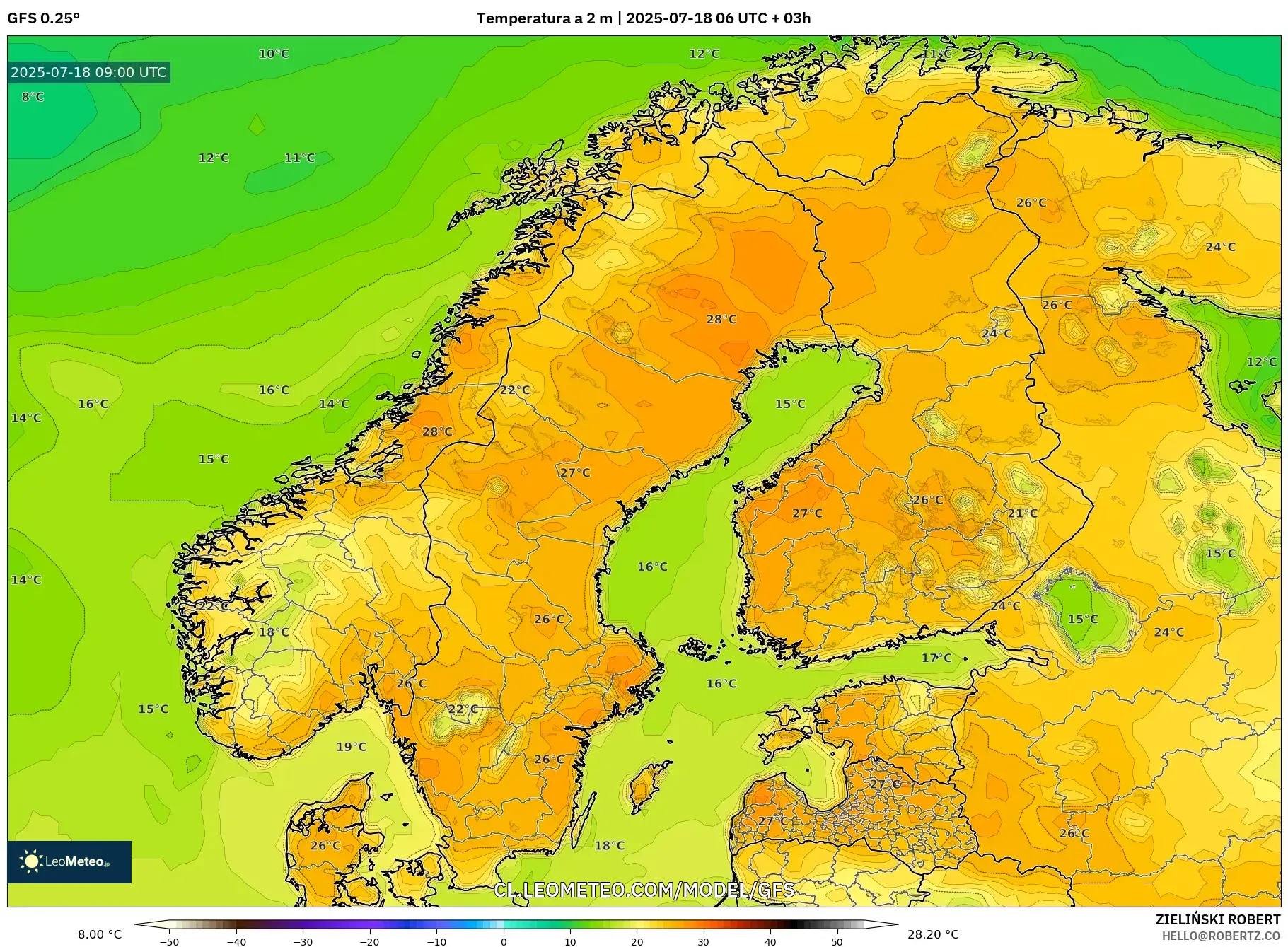 GFS model - Escandinavia, Temperatura a 2 m