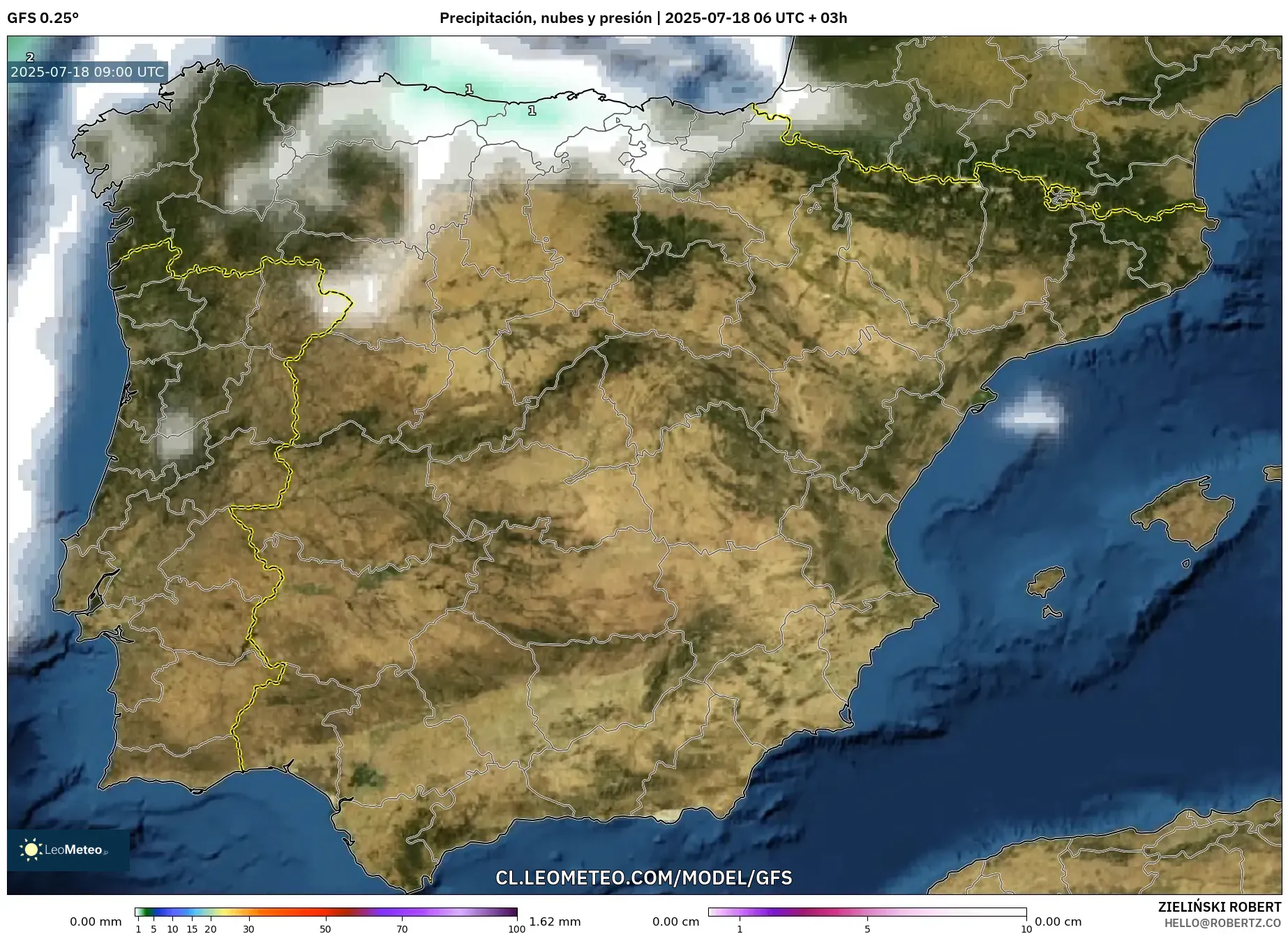 GFS model - España, Precipitación, nubes y presión