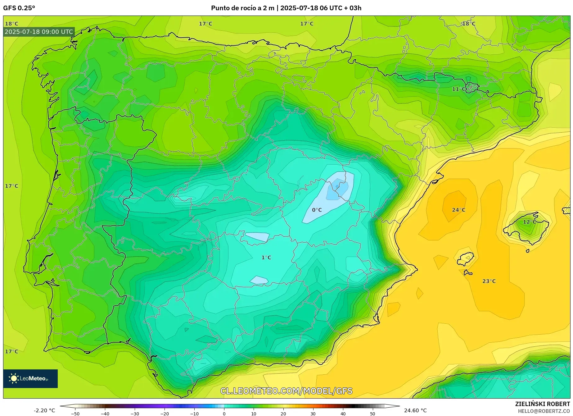 GFS model - España, Punto de rocío a 2 m