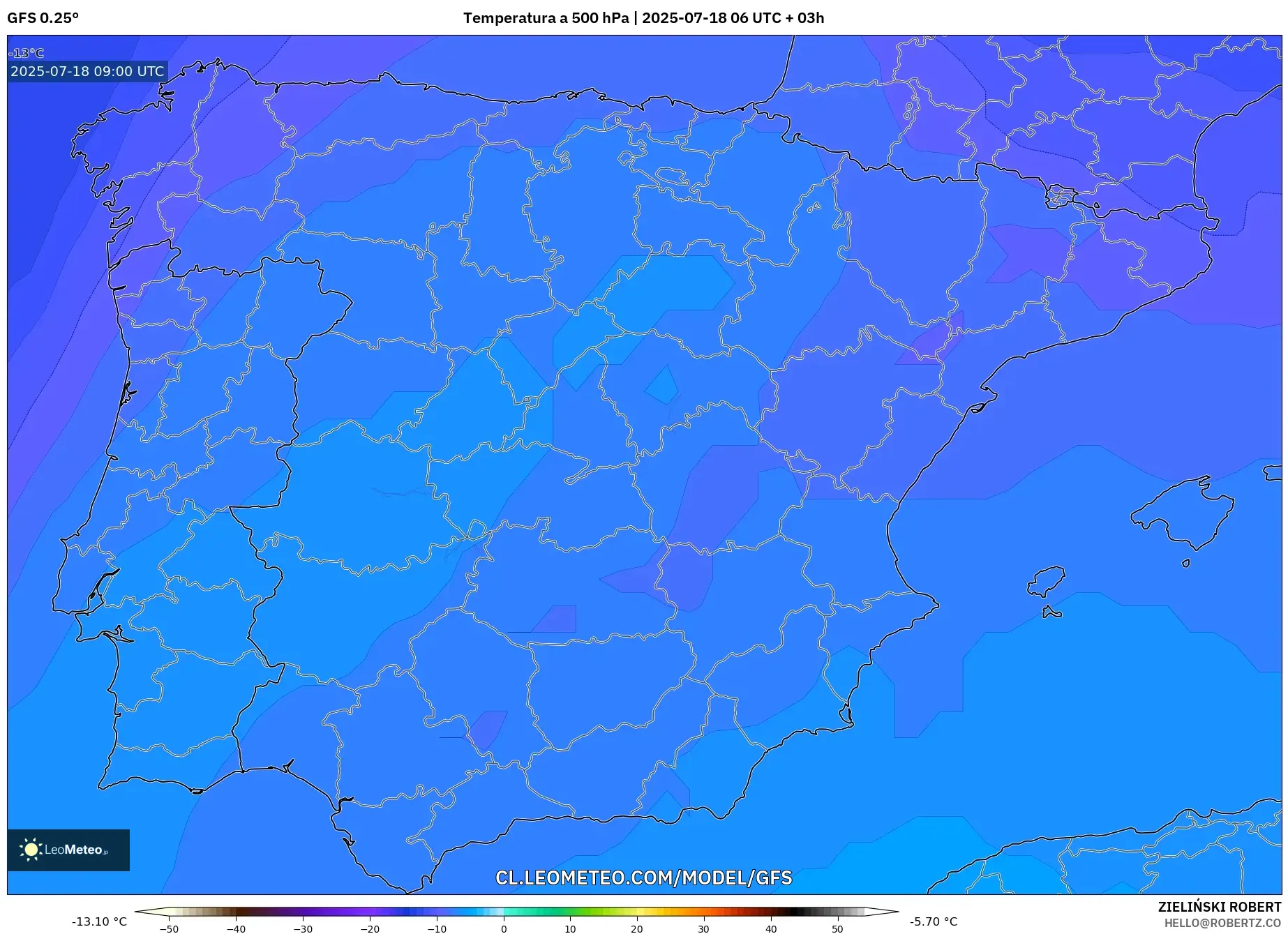 GFS model - España, Temperatura a 500 hPa