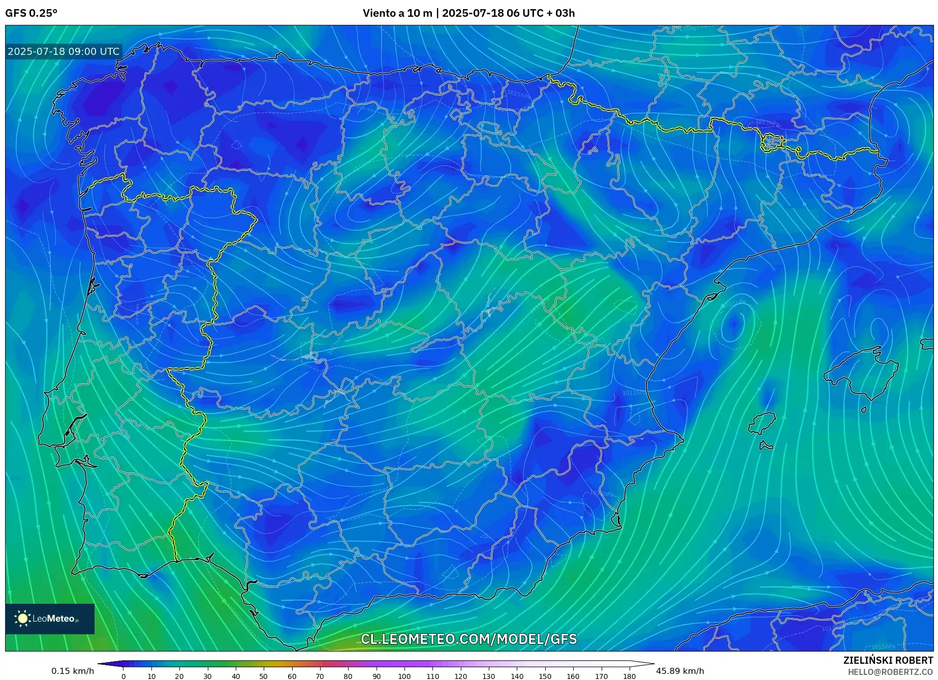 GFS model - España, Viento a 10 m