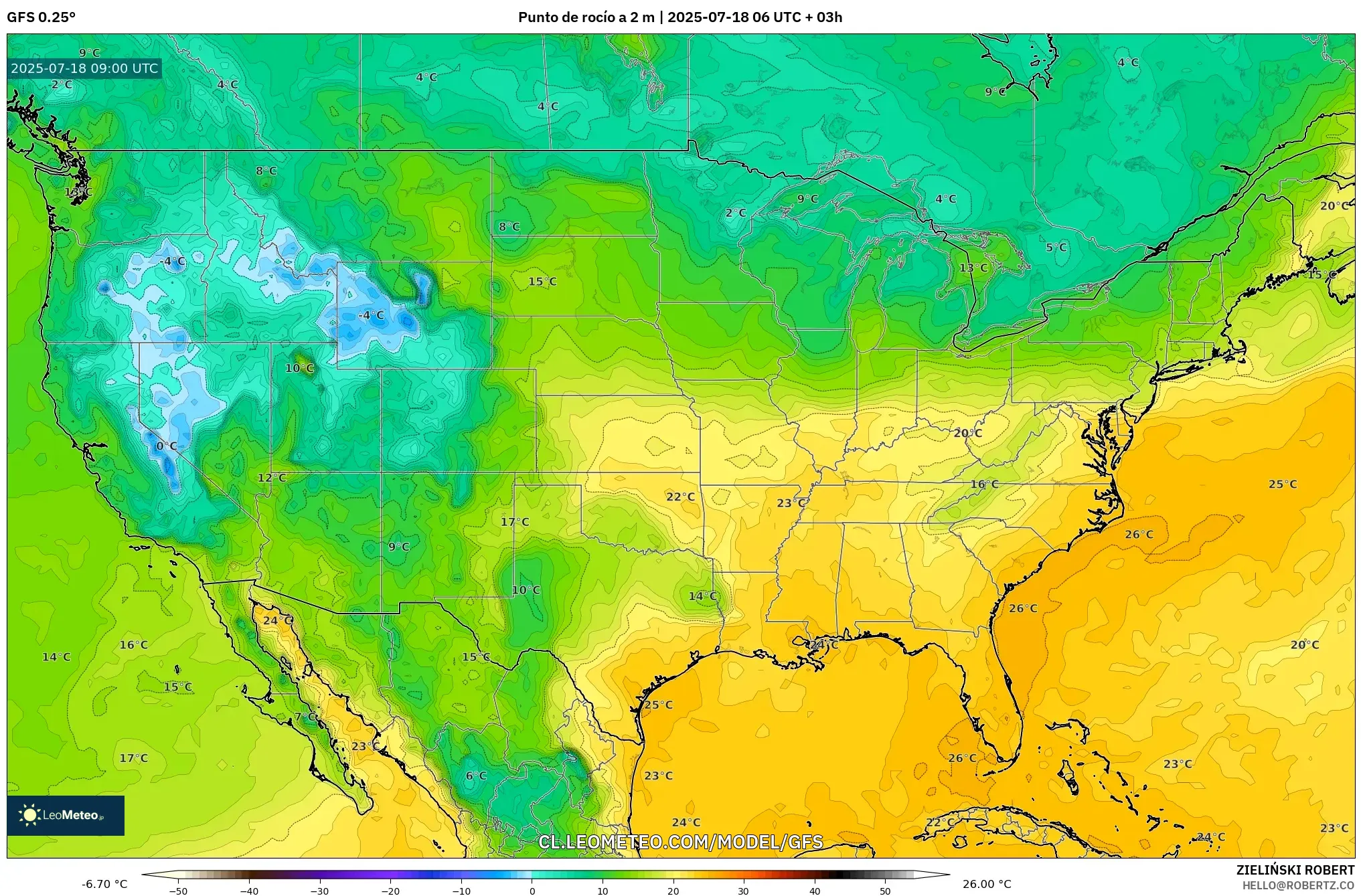 GFS model - Estados Unidos, Punto de rocío a 2 m