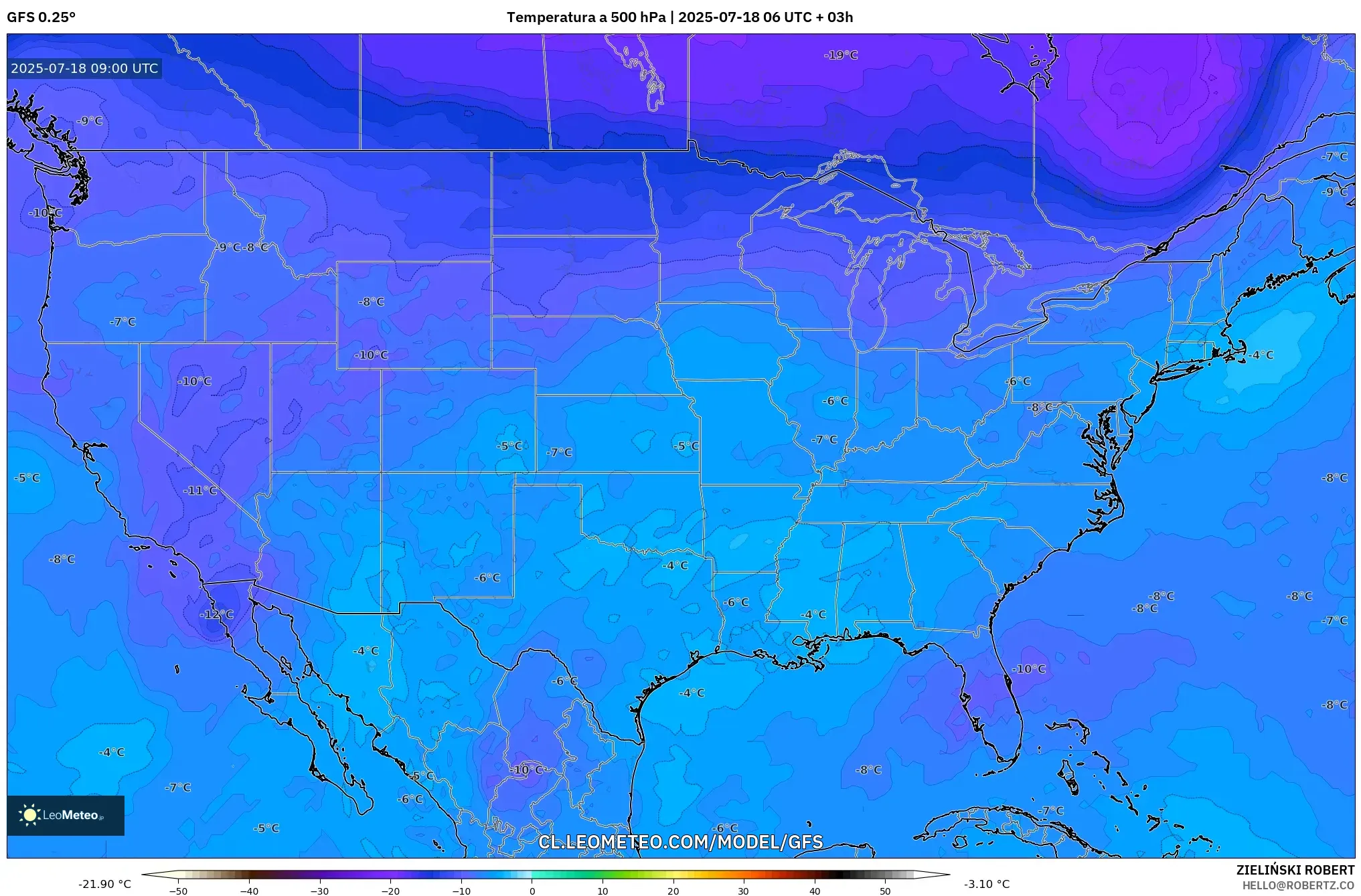 GFS model - Estados Unidos, Temperatura a 500 hPa GFS model - Estados Unidos, Temperatura a 500 hPa