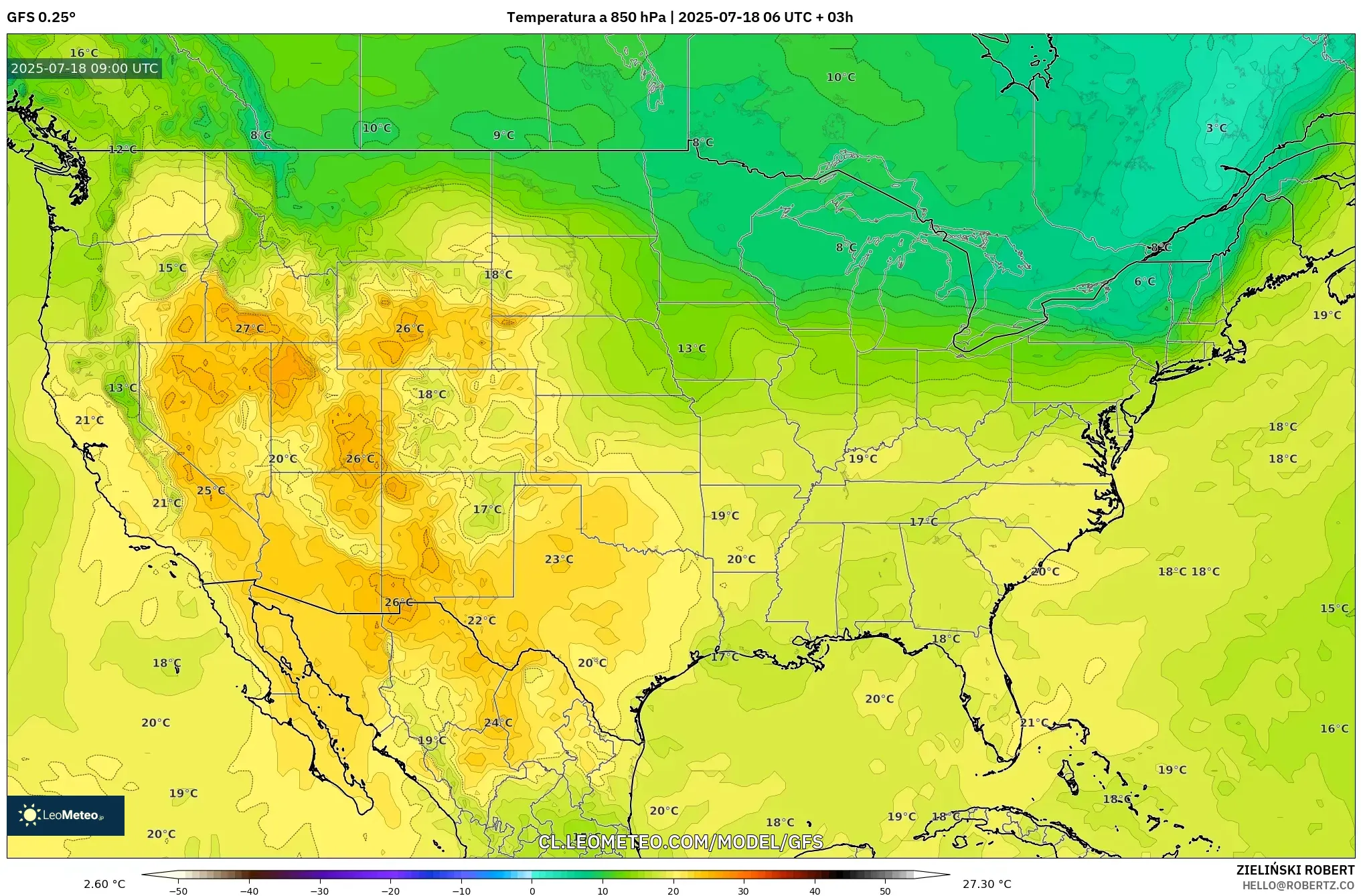 GFS model - Estados Unidos, Temperatura a 850 hPa
