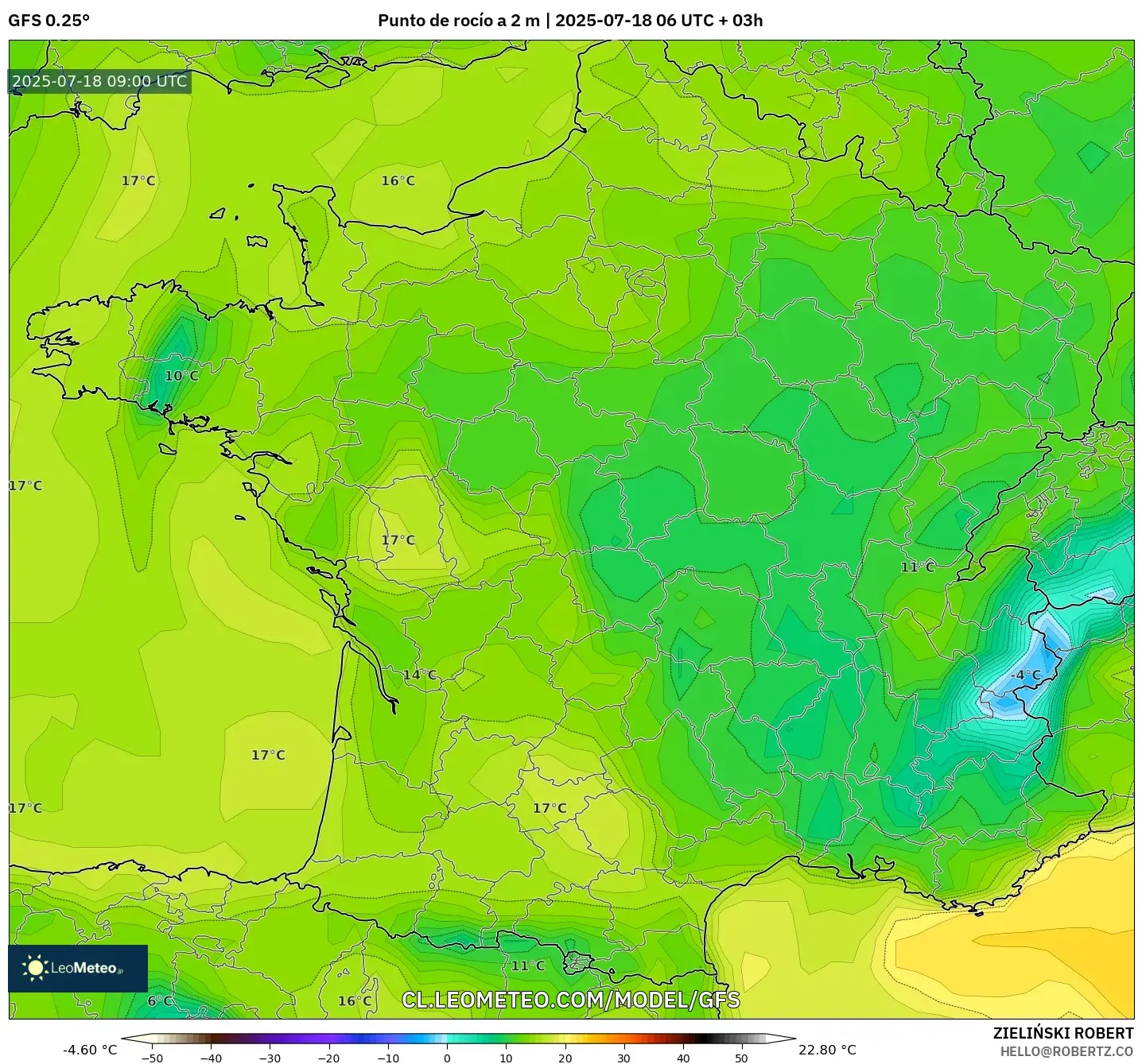 GFS model - Francia, Punto de rocío a 2 m GFS model - Francia, Punto de rocío a 2 m