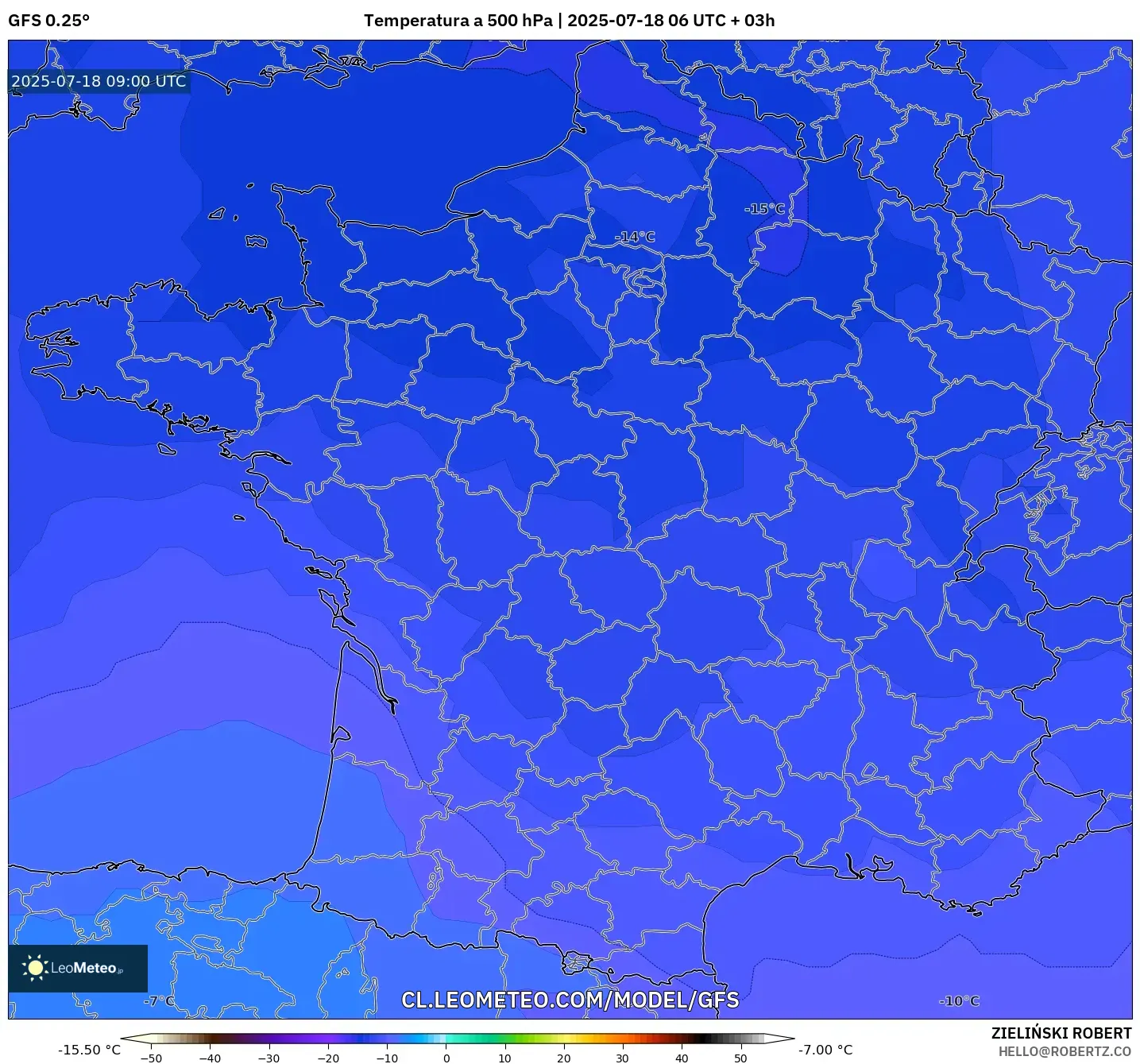 GFS model - Francia, Temperatura a 500 hPa