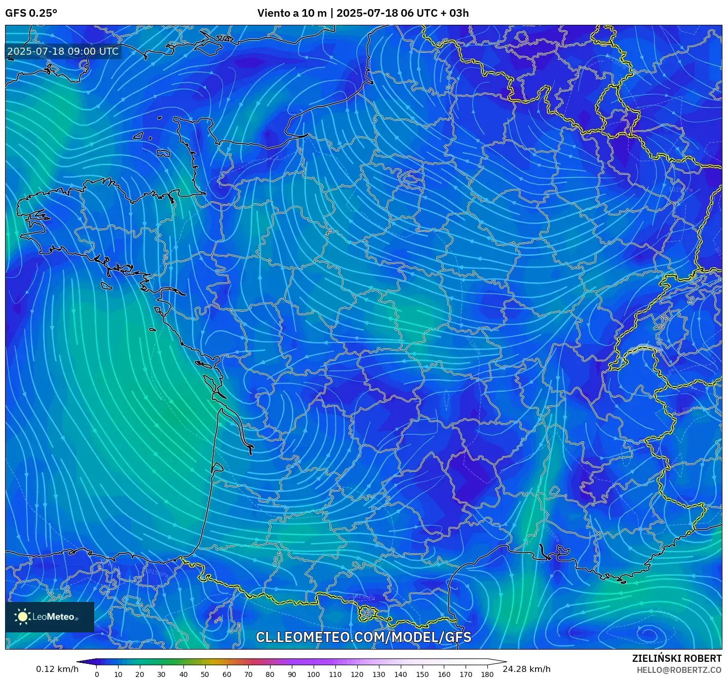 GFS model - Francia, Viento a 10 m GFS model - Francia, Viento a 10 m