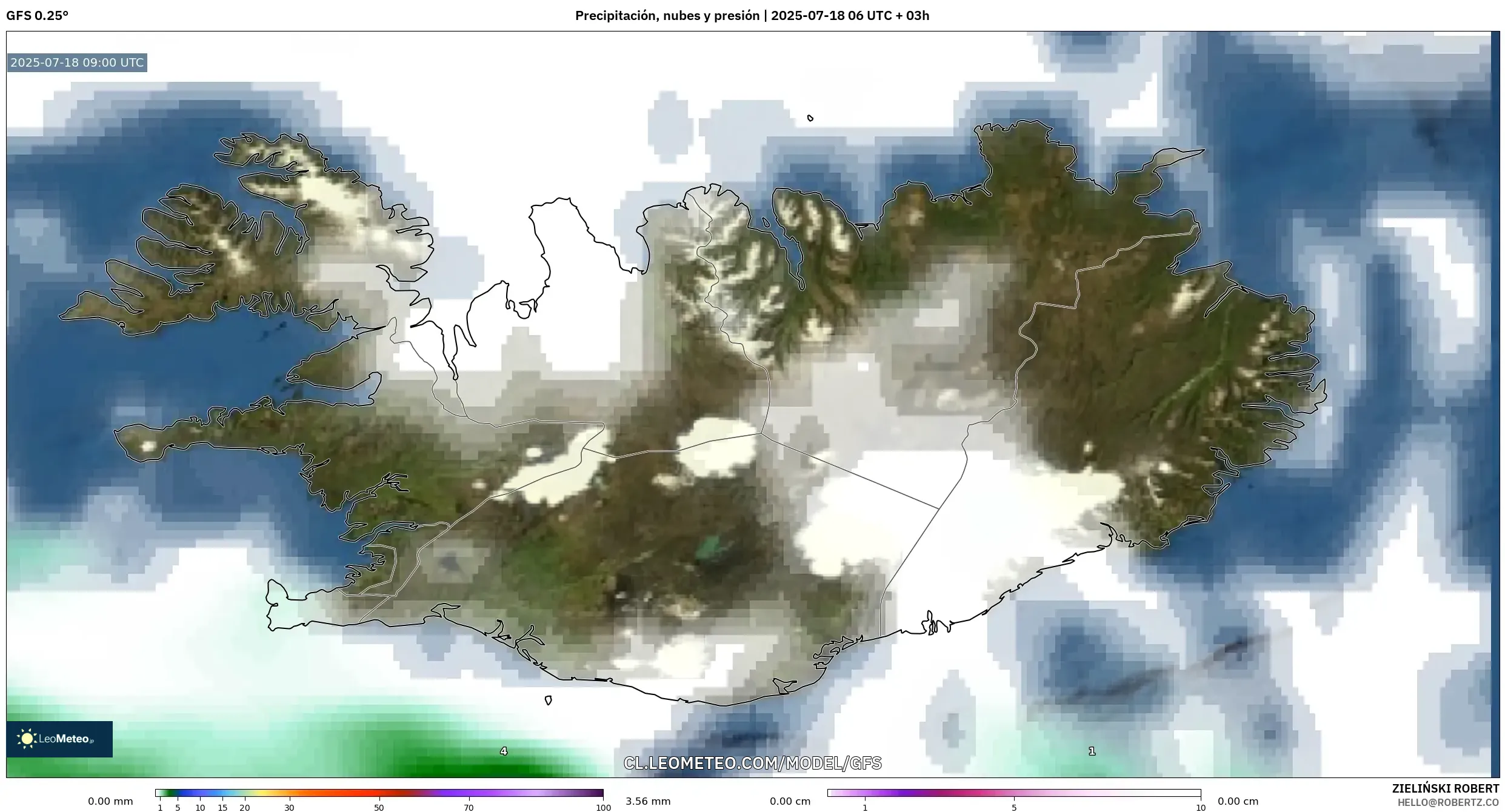 GFS model - Islandia, Precipitación, nubes y presión GFS model - Islandia, Precipitación, nubes y presión