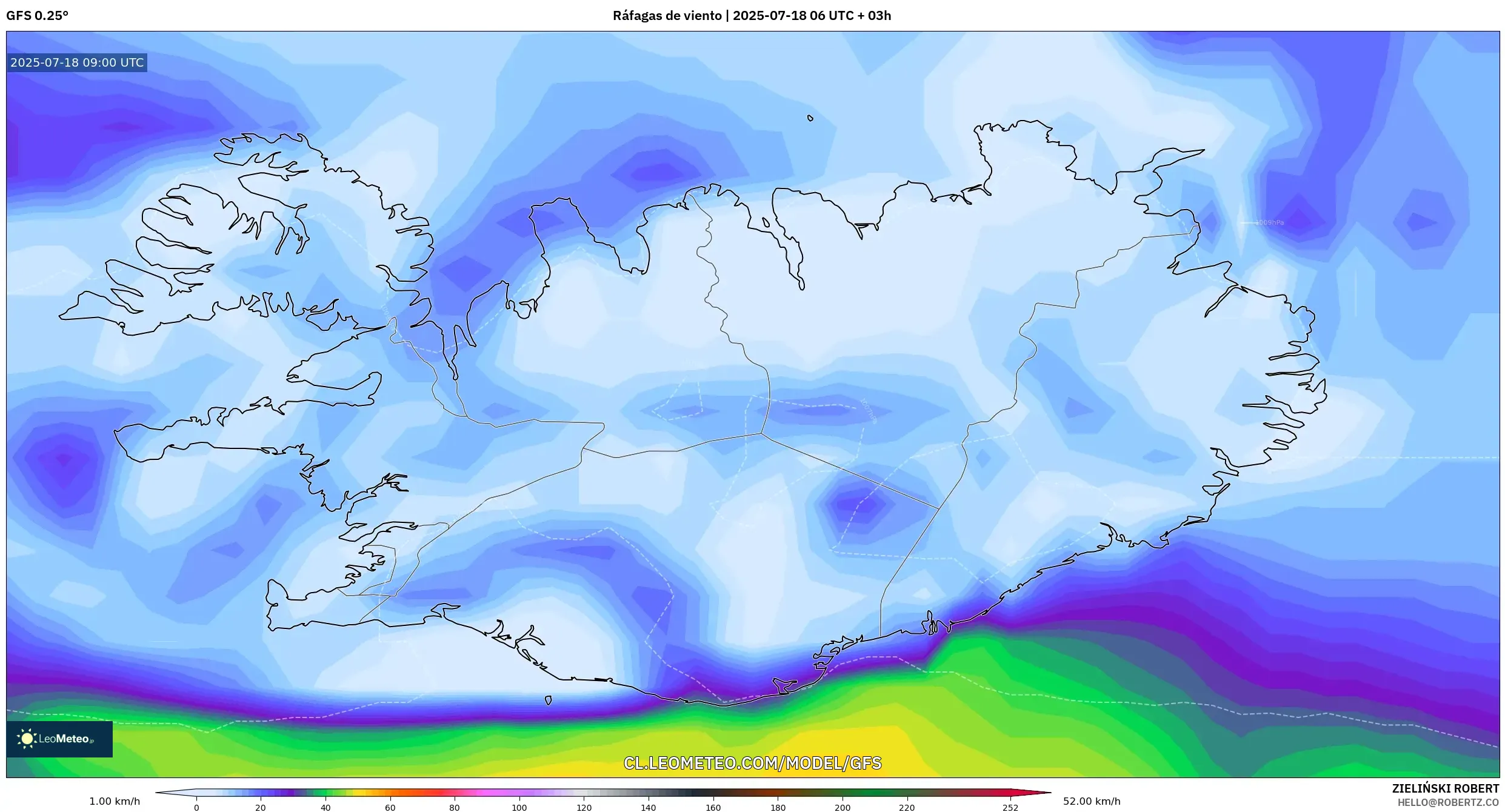 GFS model - Islandia, Ráfagas de viento