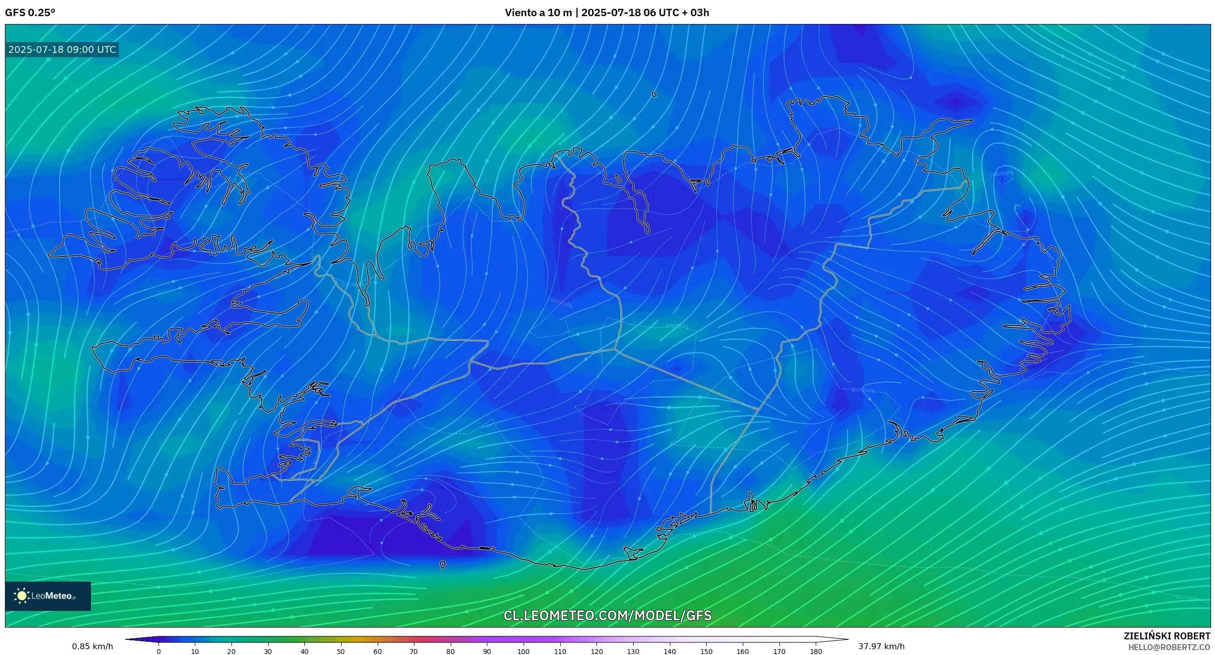 GFS model - Islandia, Viento a 10 m GFS model - Islandia, Viento a 10 m