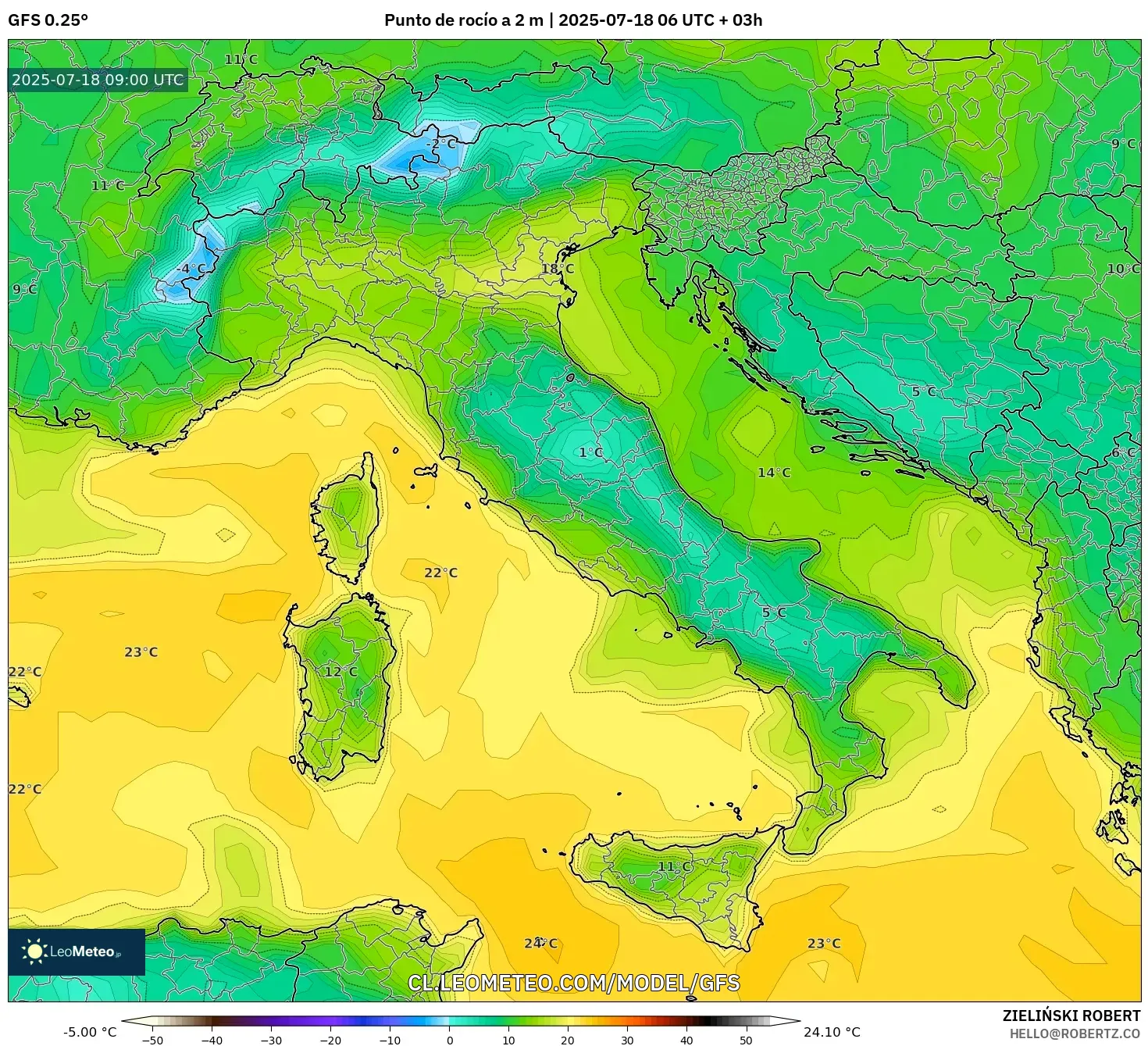 GFS model - Italia, Punto de rocío a 2 m GFS model - Italia, Punto de rocío a 2 m