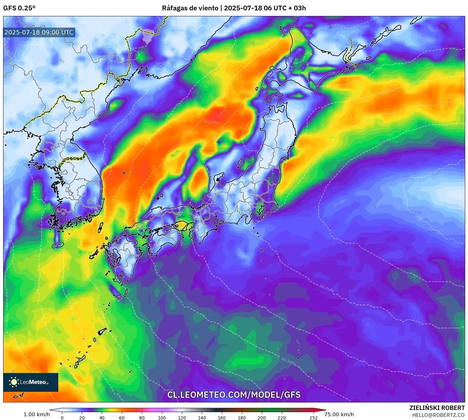 GFS model - Japón, Ráfagas de viento