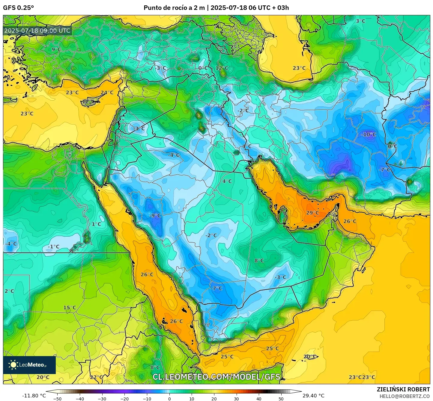 GFS model - Oriente Medio, Punto de rocío a 2 m GFS model - Oriente Medio, Punto de rocío a 2 m