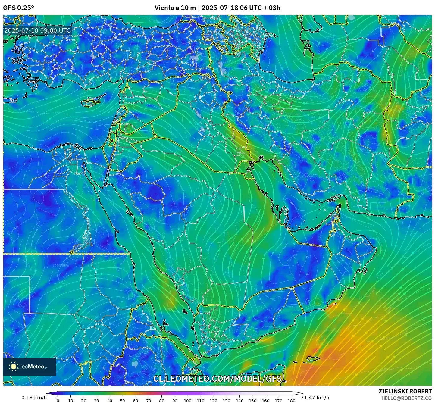 GFS model - Oriente Medio, Viento a 10 m