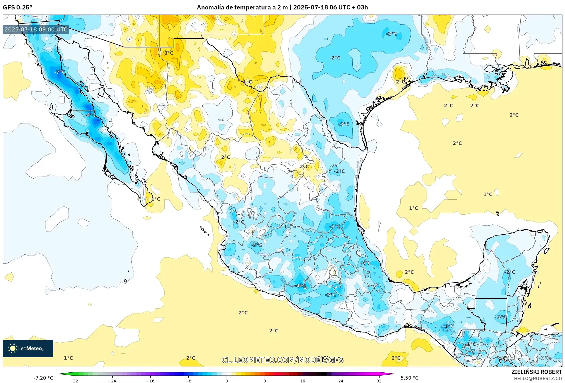 GFS model - México, Anomalía de temperatura a 2 m