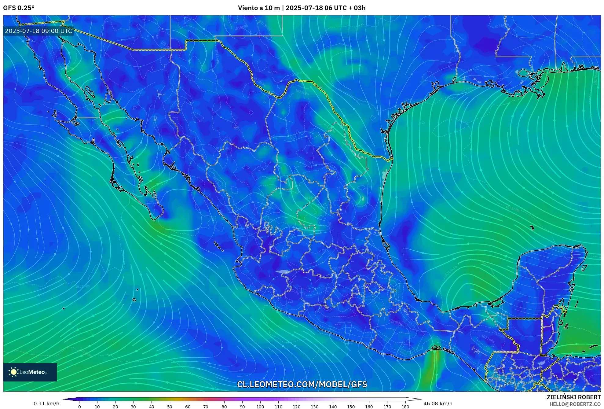 GFS model - México, Viento a 10 m