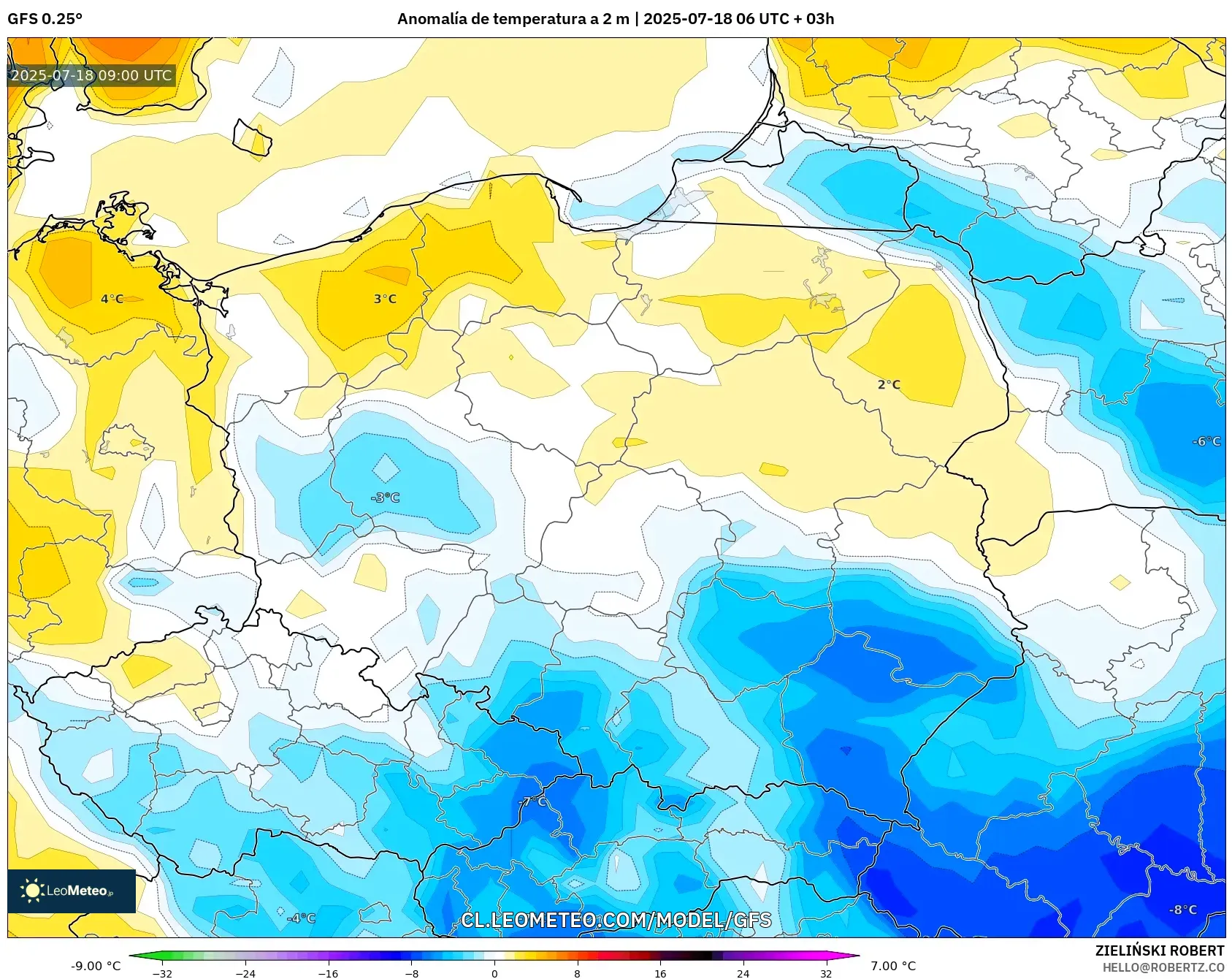 GFS model - Polonia, Anomalía de temperatura a 2 m GFS model - Polonia, Anomalía de temperatura a 2 m