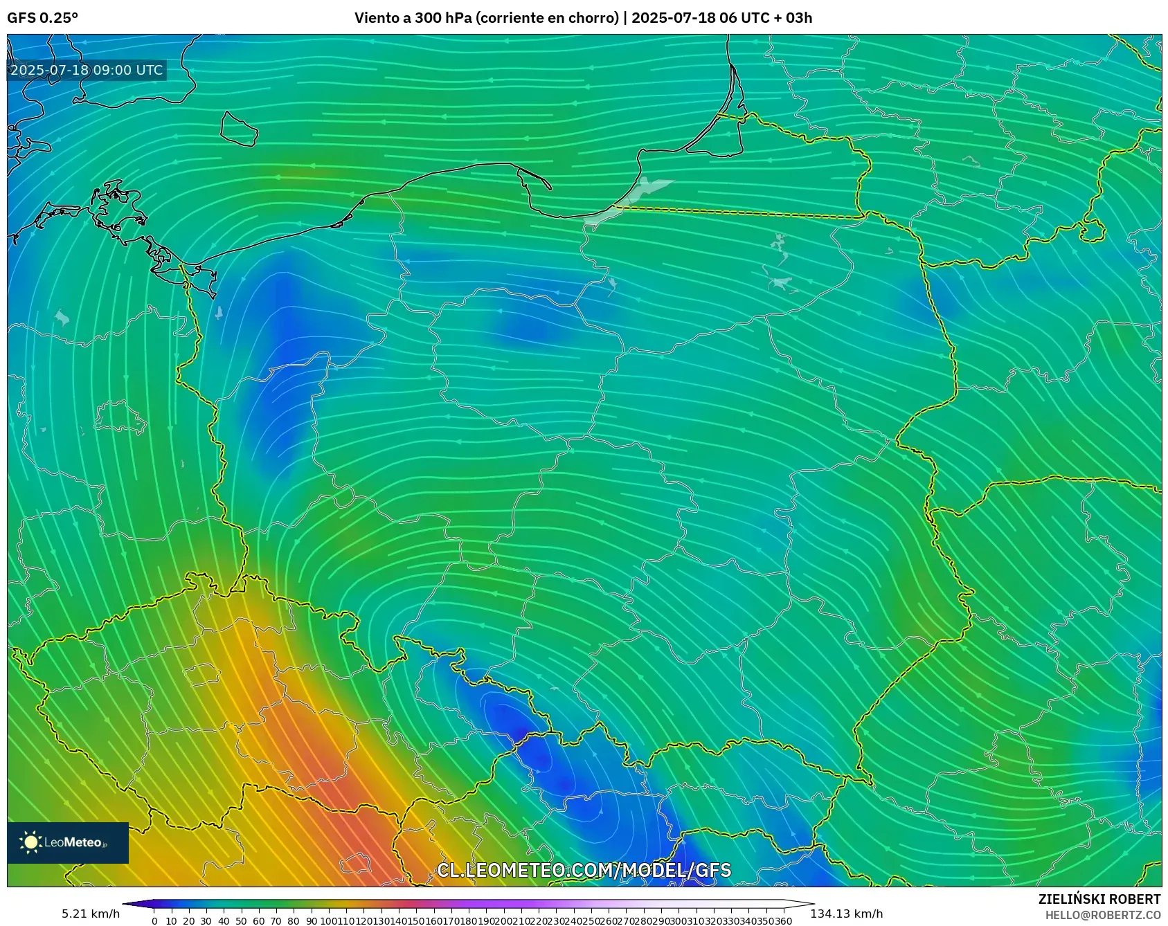 GFS model - Polonia, Viento a 300 hPa (corriente en chorro) GFS model - Polonia, Viento a 300 hPa (corriente en chorro)
