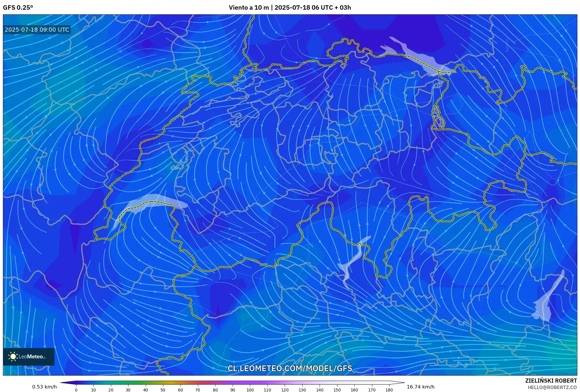 GFS model - Suiza, Viento a 10 m GFS model - Suiza, Viento a 10 m